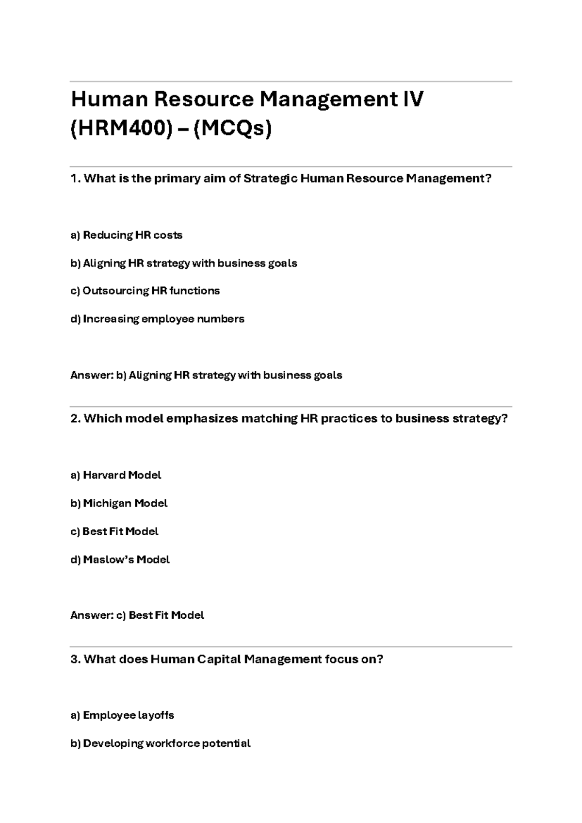 Human Resource Management IV (HRM400) – Study Notes & 50 MCQs - Studocu