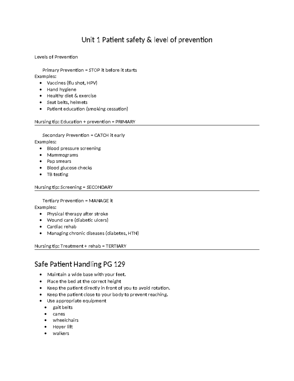 Unit 1 Study Guide: Patient Safety & Levels of Prevention - Studocu