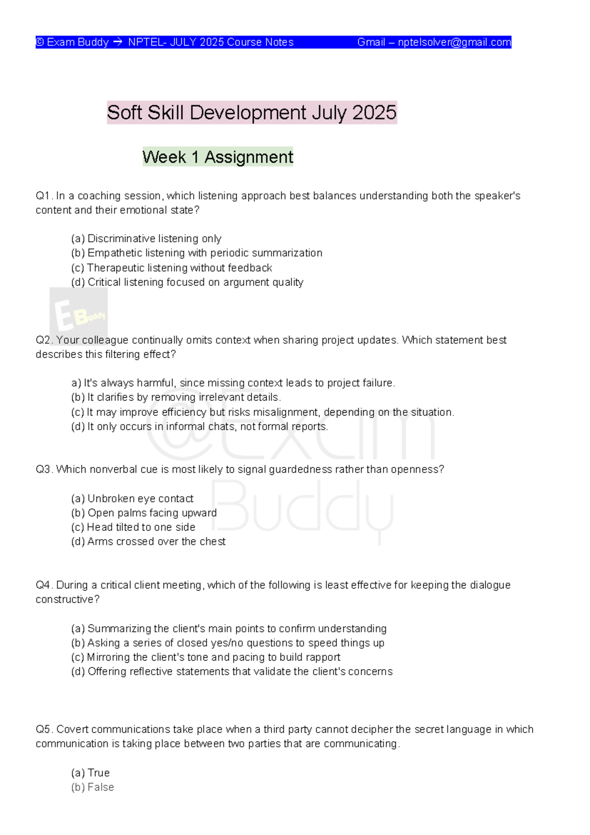 Soft Skill Development JULY 2025 Exam Buddy Course Notes - Studocu