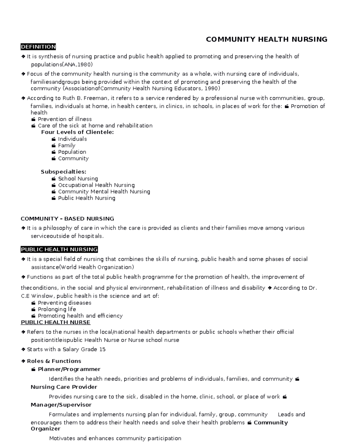 Community Health Nursing Overview for Nursing 102 Final Exam - Studocu
