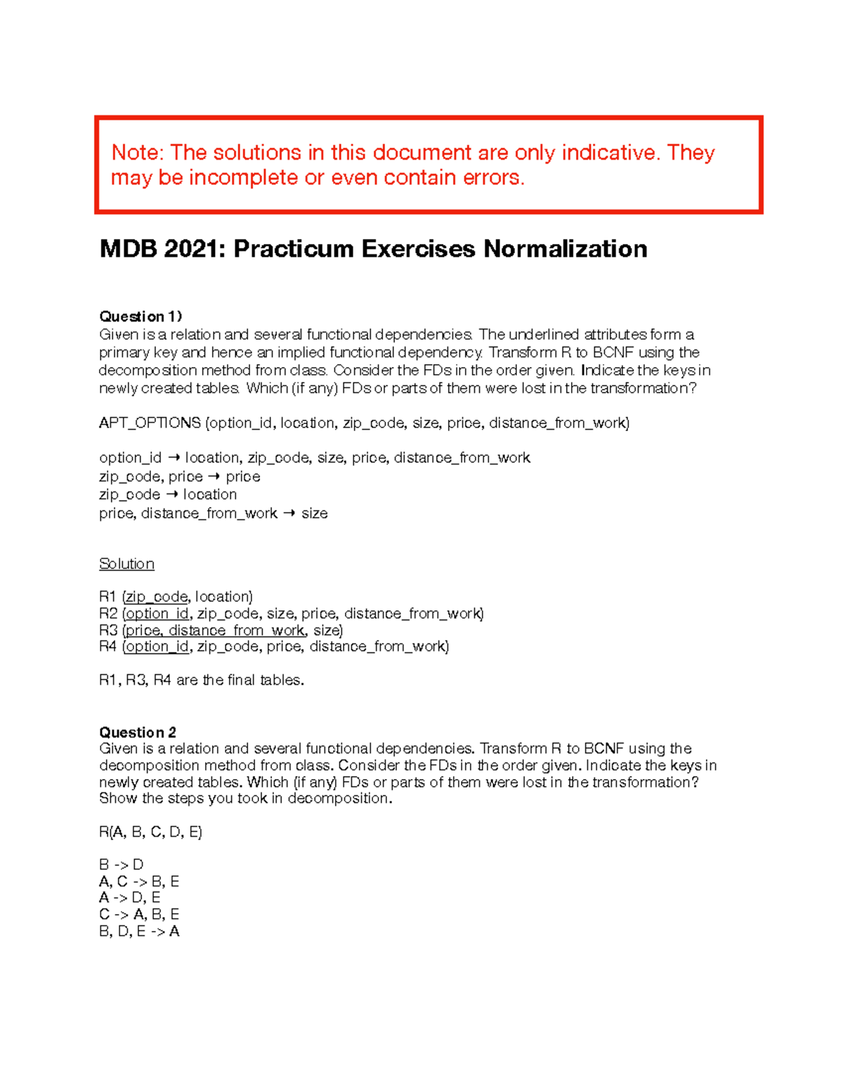 MDB 2021 Practicum 3 Solutions: Normalization to BCNF - Studeersnel