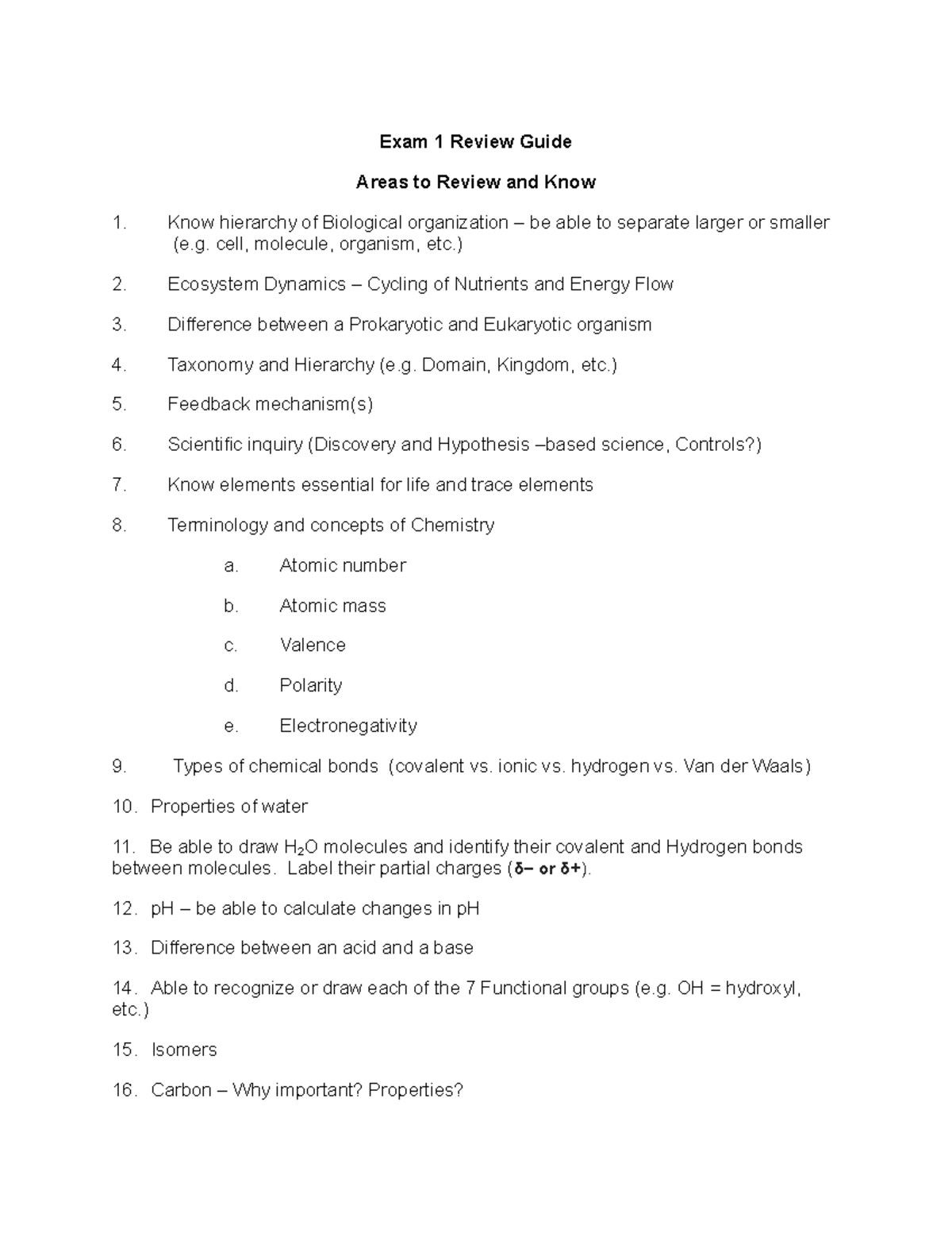 BIO101 Exam 1 Review Guide: Key Concepts and Areas to Know - Studocu
