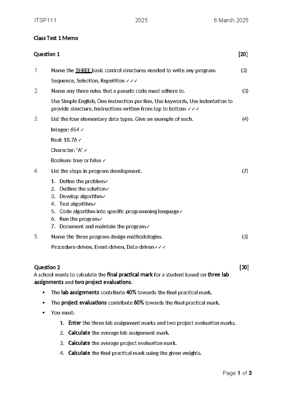 Class Test 1 - 2025 Memo - Its a Memo of an Assignment with practical ...