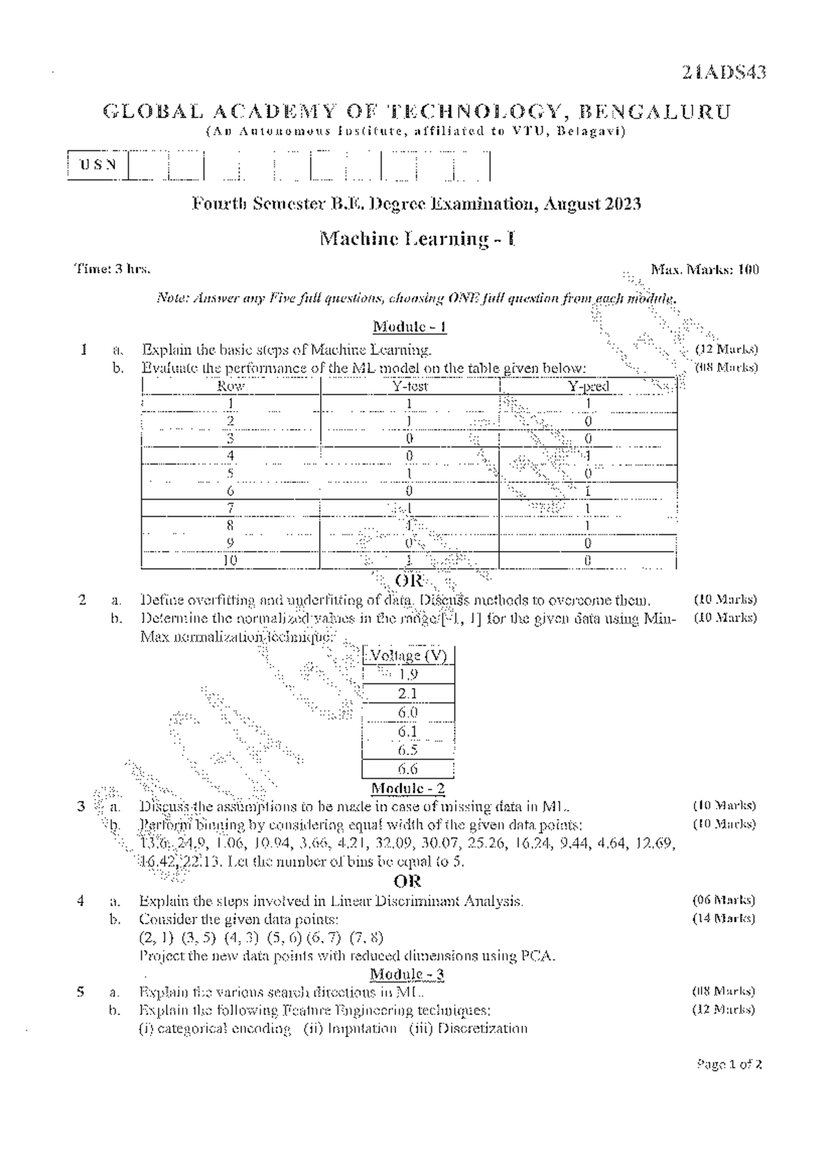 21ADS43 Machine Learning 1 - Previous Year Exam Paper, Aug 2023 - Studocu