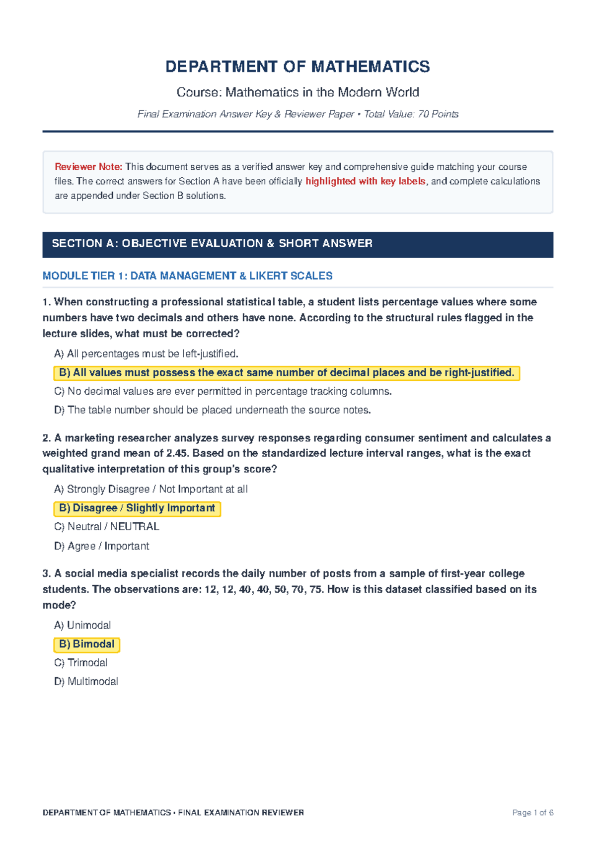 Mathematics in the Modern World (MMW) Final Exam Answer Key Review ...