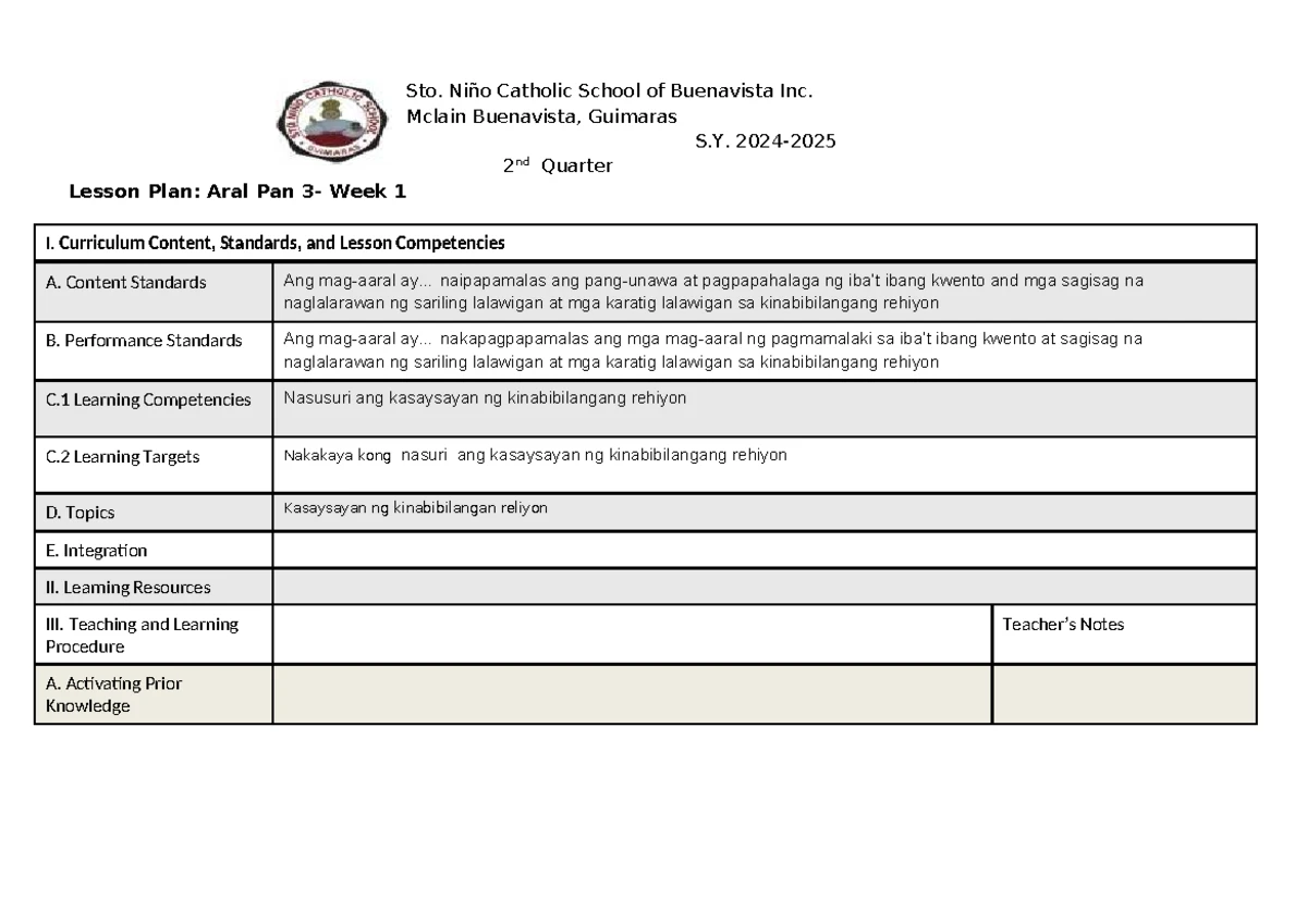 Lesson Plan for Mathematics 2 (2nd-4th Quarter) at Sto. Niño Catholic ...