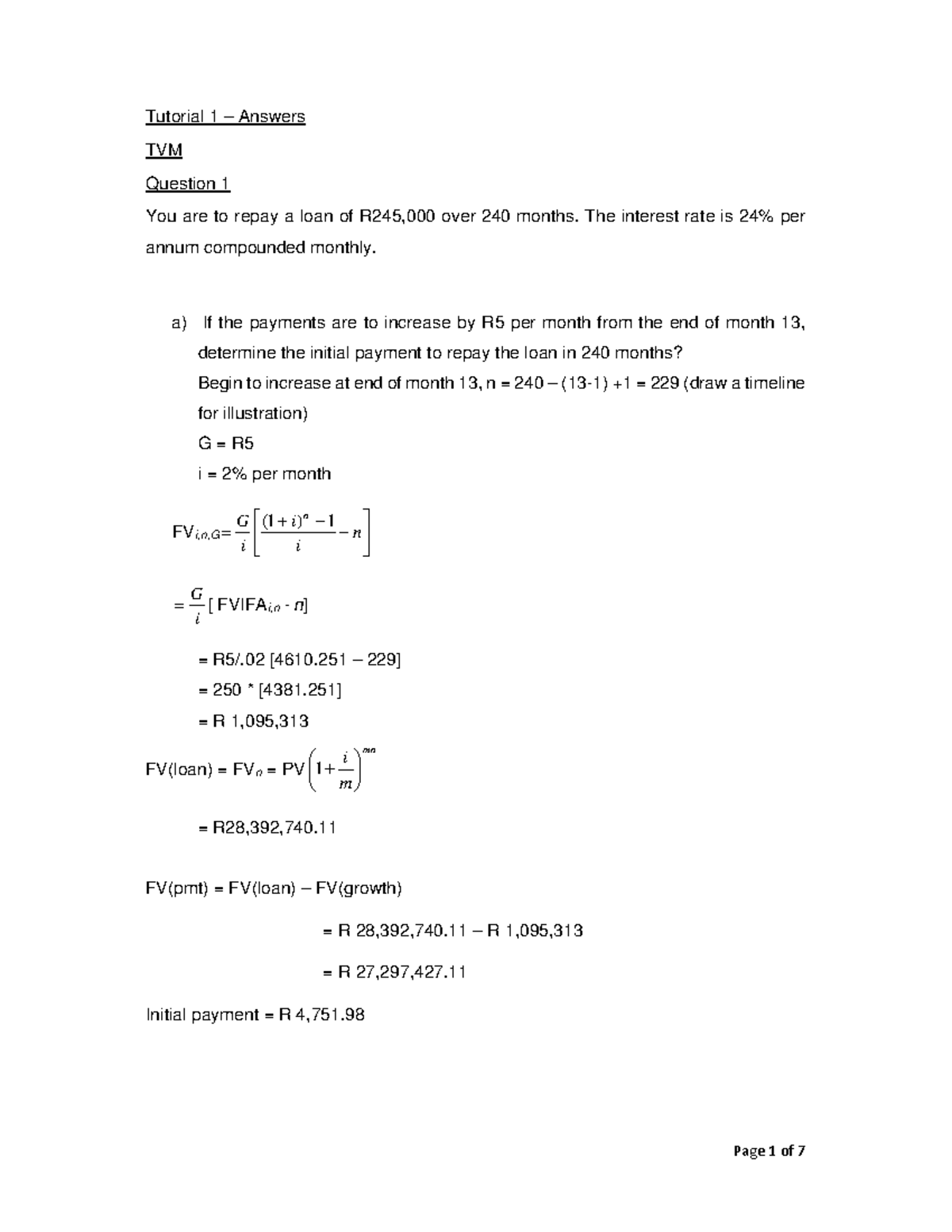Tutorial 1 - TVM Loan Repayment Solutions and Calculations - Studocu