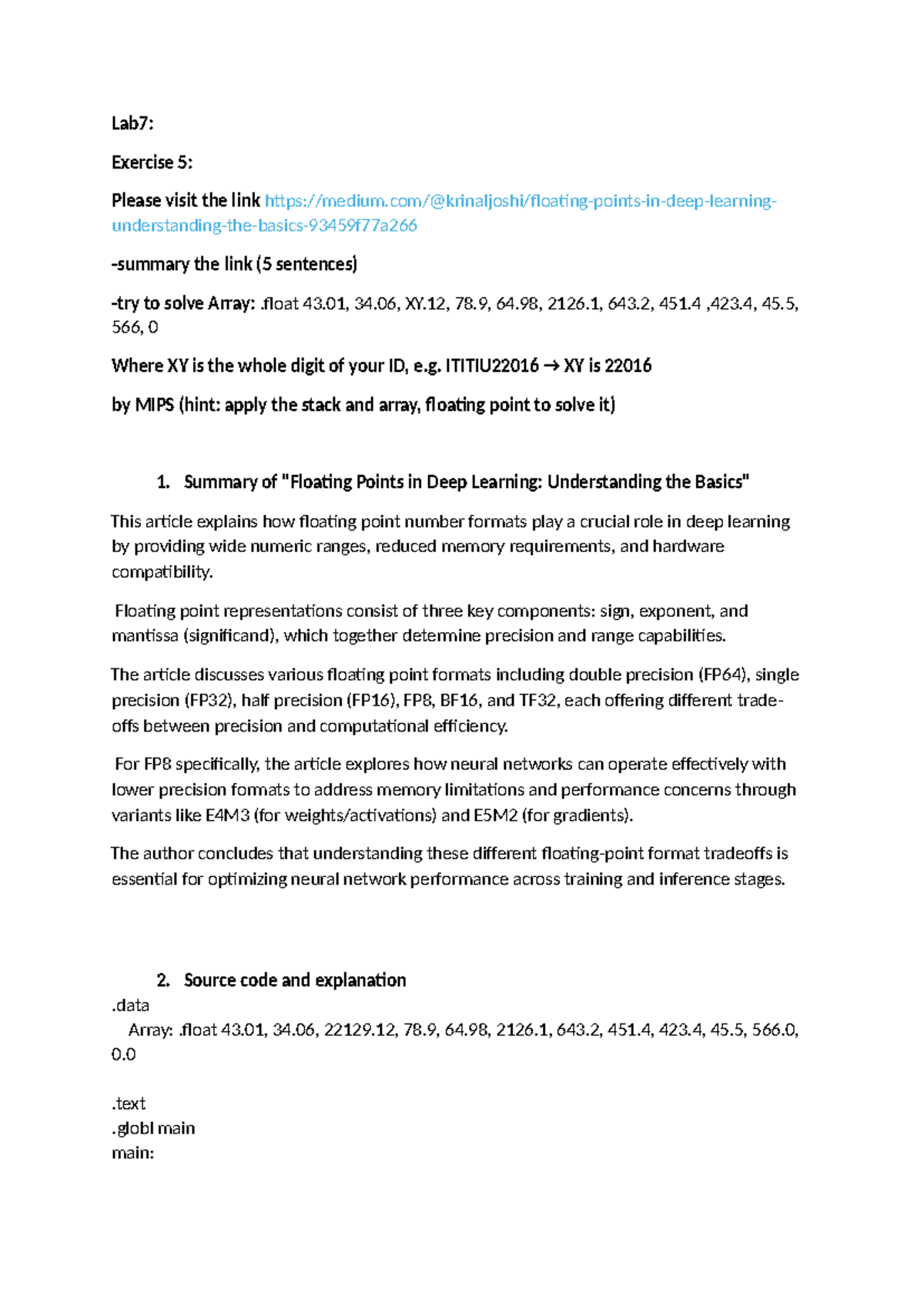 LAB7: Exercise 5 - Floating Point Array in MIPS Programming - Studocu