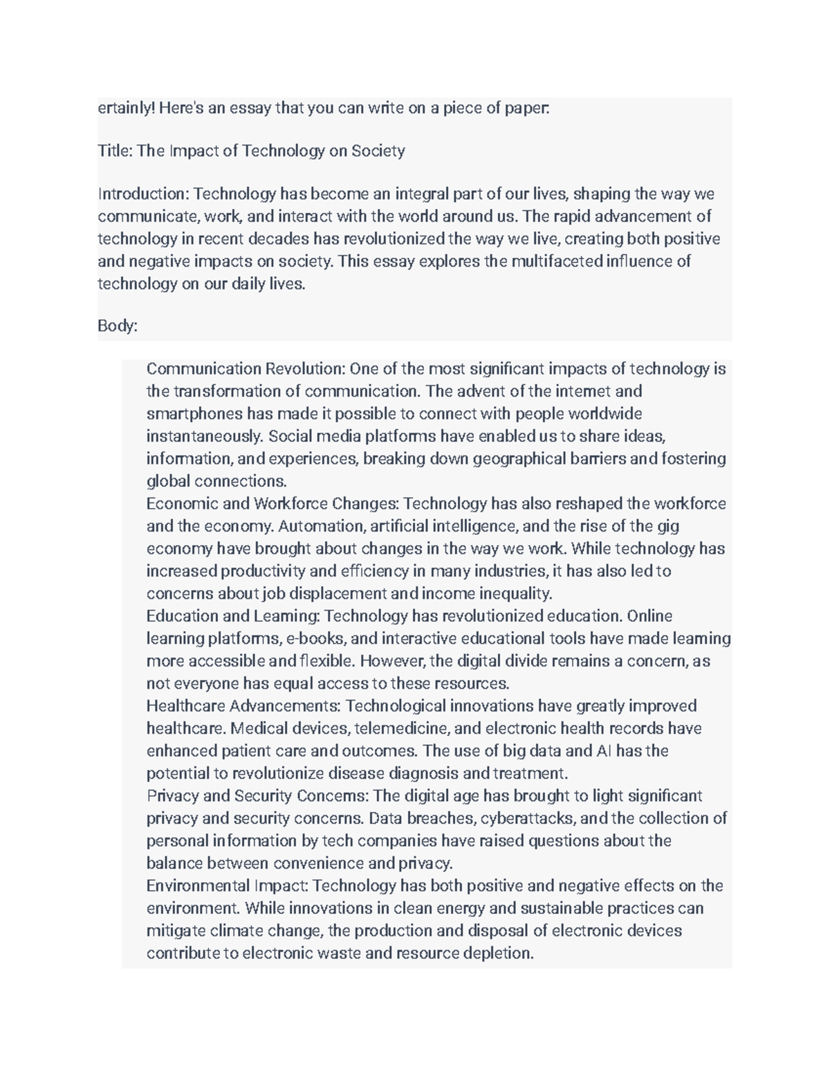Essay on the Impact of Technology on Society - Course Code: bndjbfnd ...