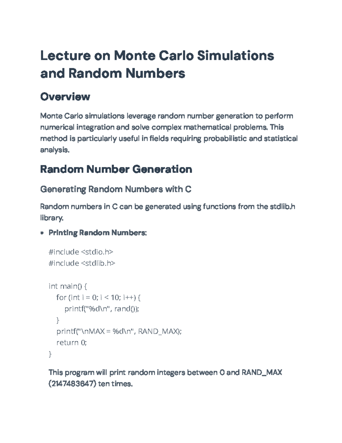 Lecture on Monte Carlo Simulations and Random Number Generation ...