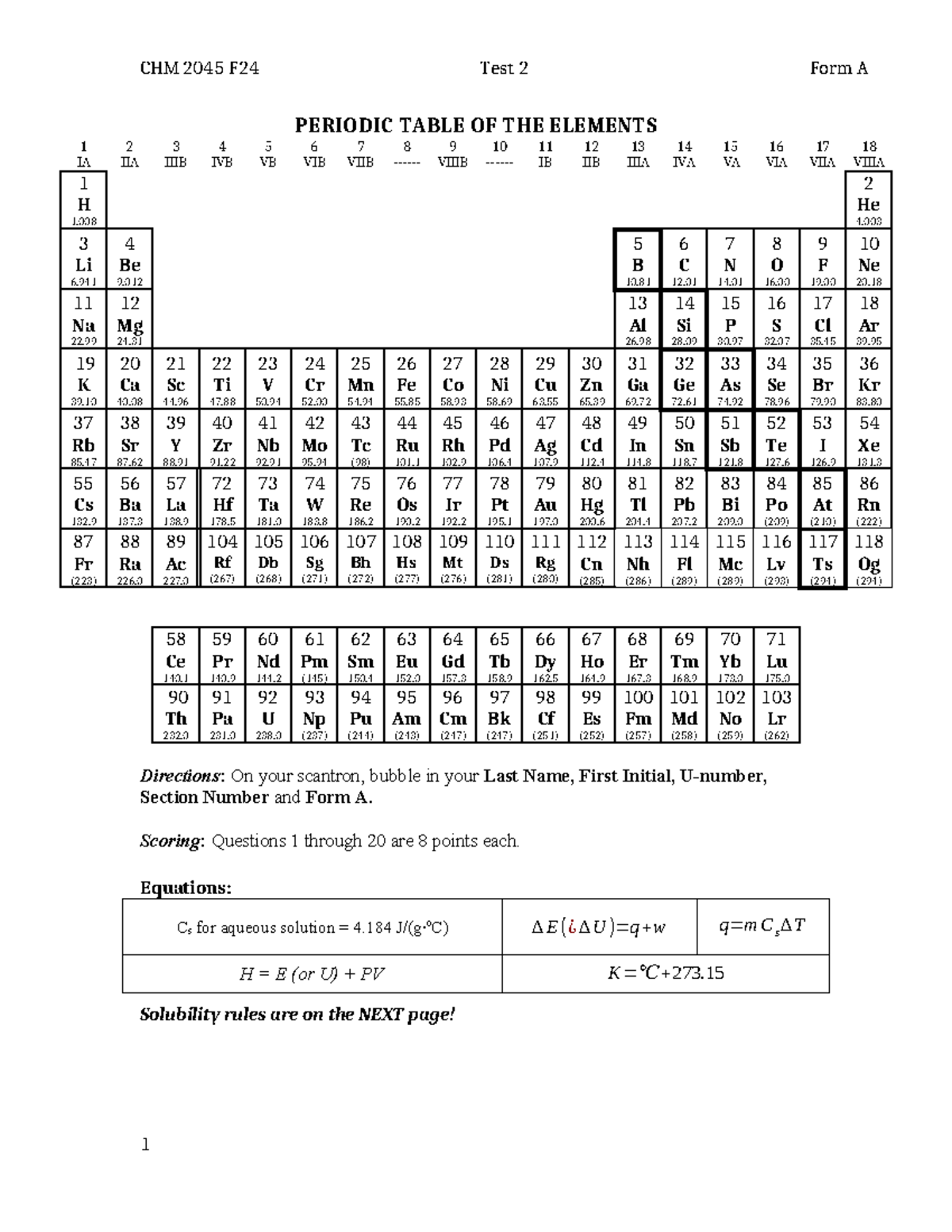 CHM 2045 Exam 2 Answers - Form A - PERIODIC TABLE OF THE ELEMENTS 1 IA ...