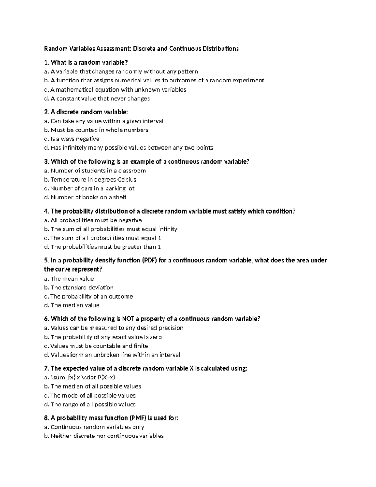 Random Variables Assessment - A variable that changes randomly without ...