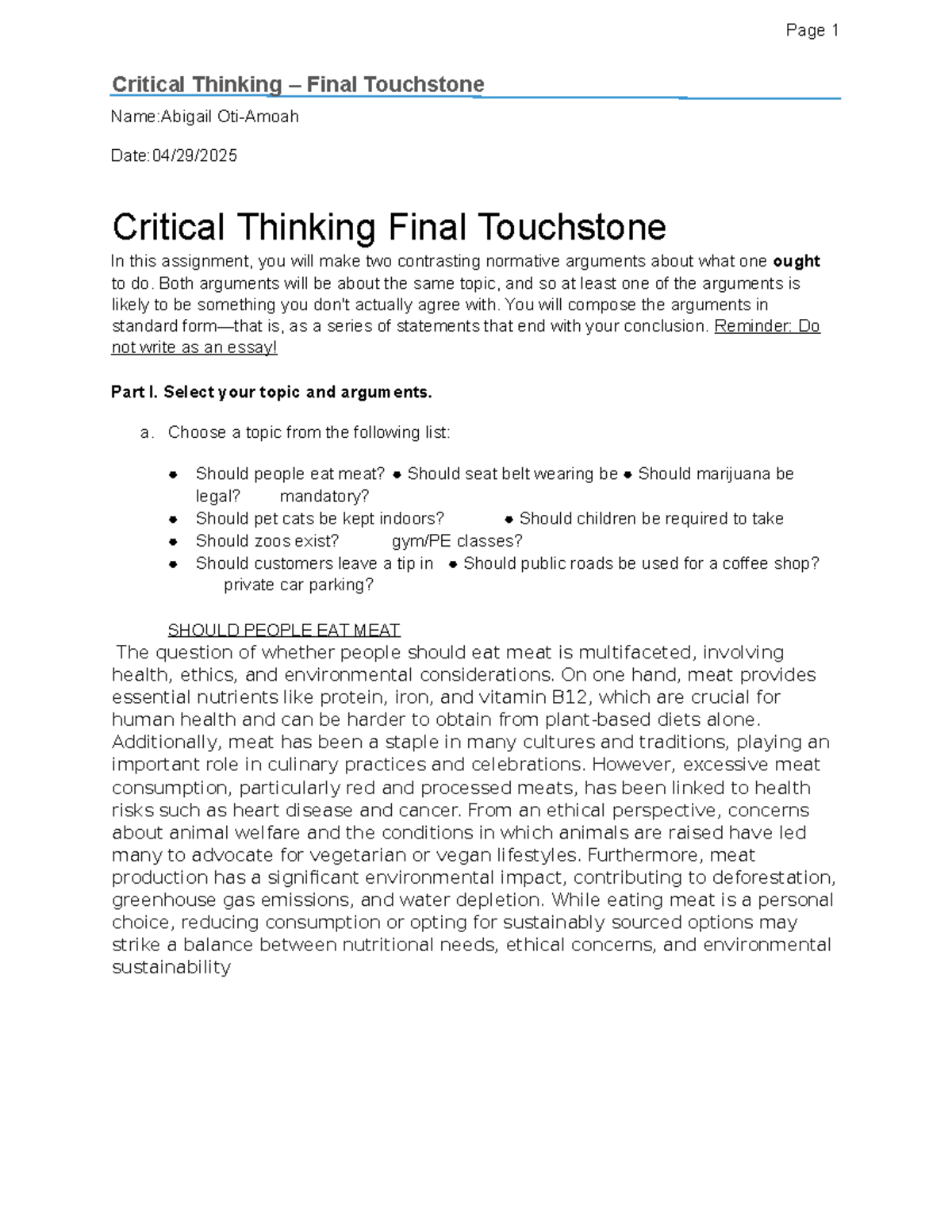 Critical Thinking CT4 Touchstone: Contrasting Arguments on Meat ...