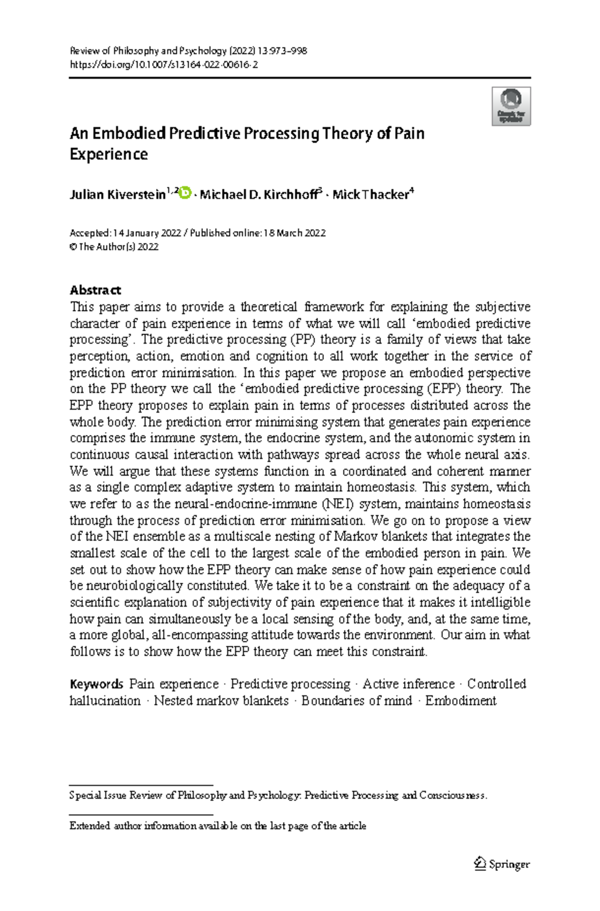 An Embodied Predictive Processing Theory of Pain Experience (PHIL 2022 ...