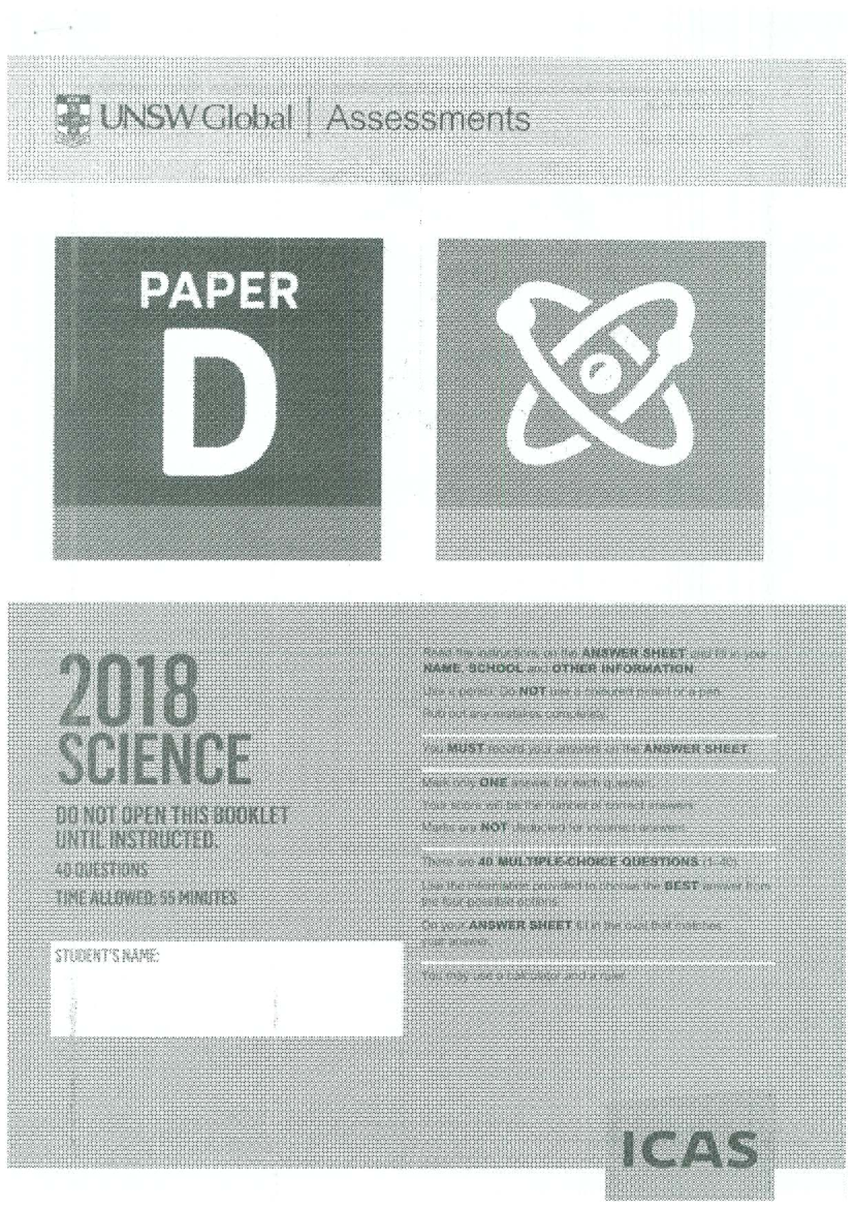 Paper D Science 2018 ICAS Exam - UNSW Global - Studocu