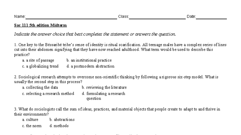 Soc 111 5th Edition Midterm Exam Review and Answer Key - Studocu