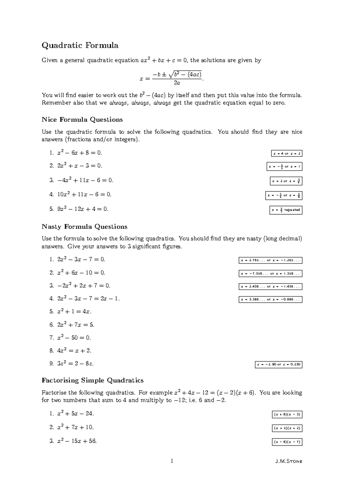 Quadratic Formula Practice: Nice & Nasty Questions (MATH101) - Studocu