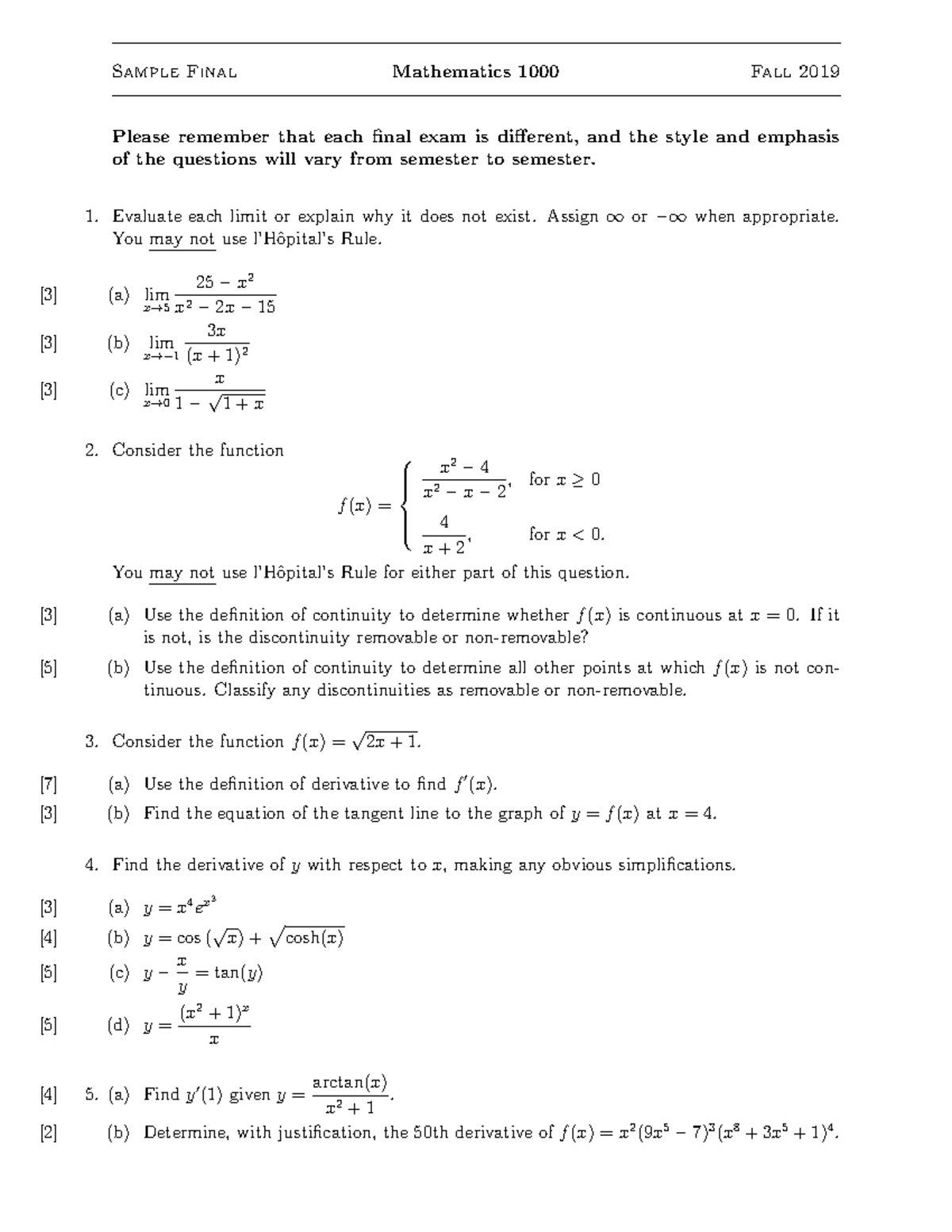 Math 1000 Sample Final Exam Fall 2019 - Sample Final Mathematics 1000 ...