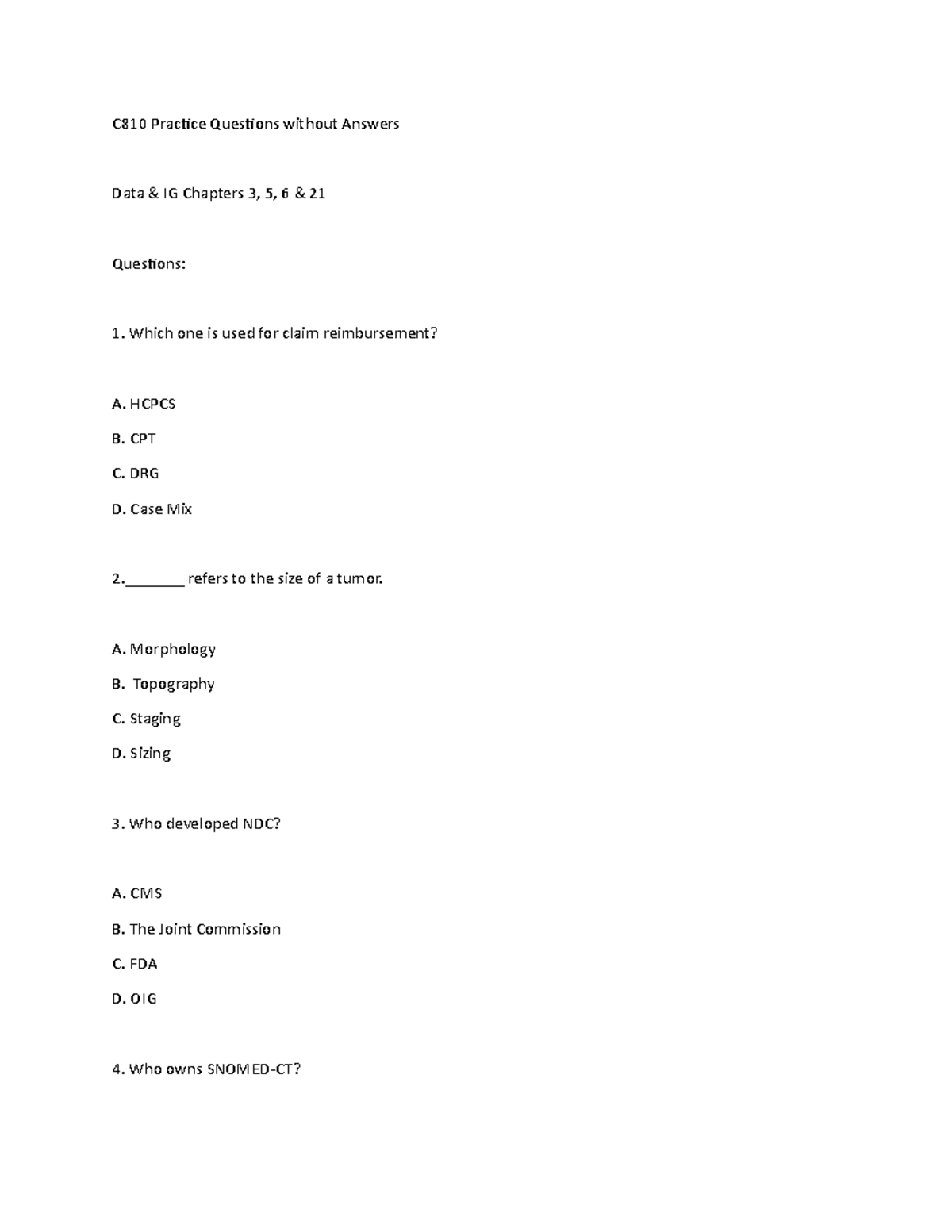 C810 Practice Questions Collection for Chapters 3, 5, 6, 7, 12, & 21 ...