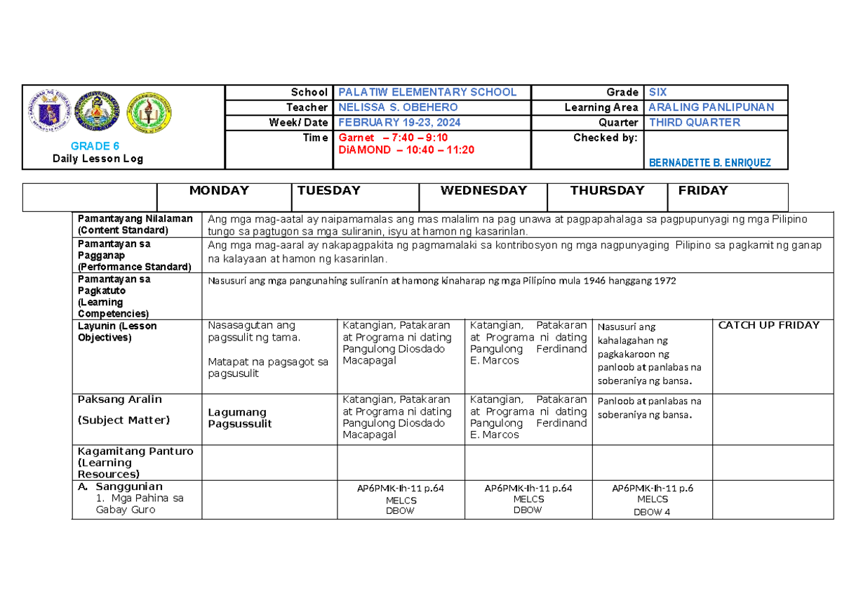 AP6 Q3 WEEK 3 NEW - GRADE 6 LESSON PLAN - Studocu