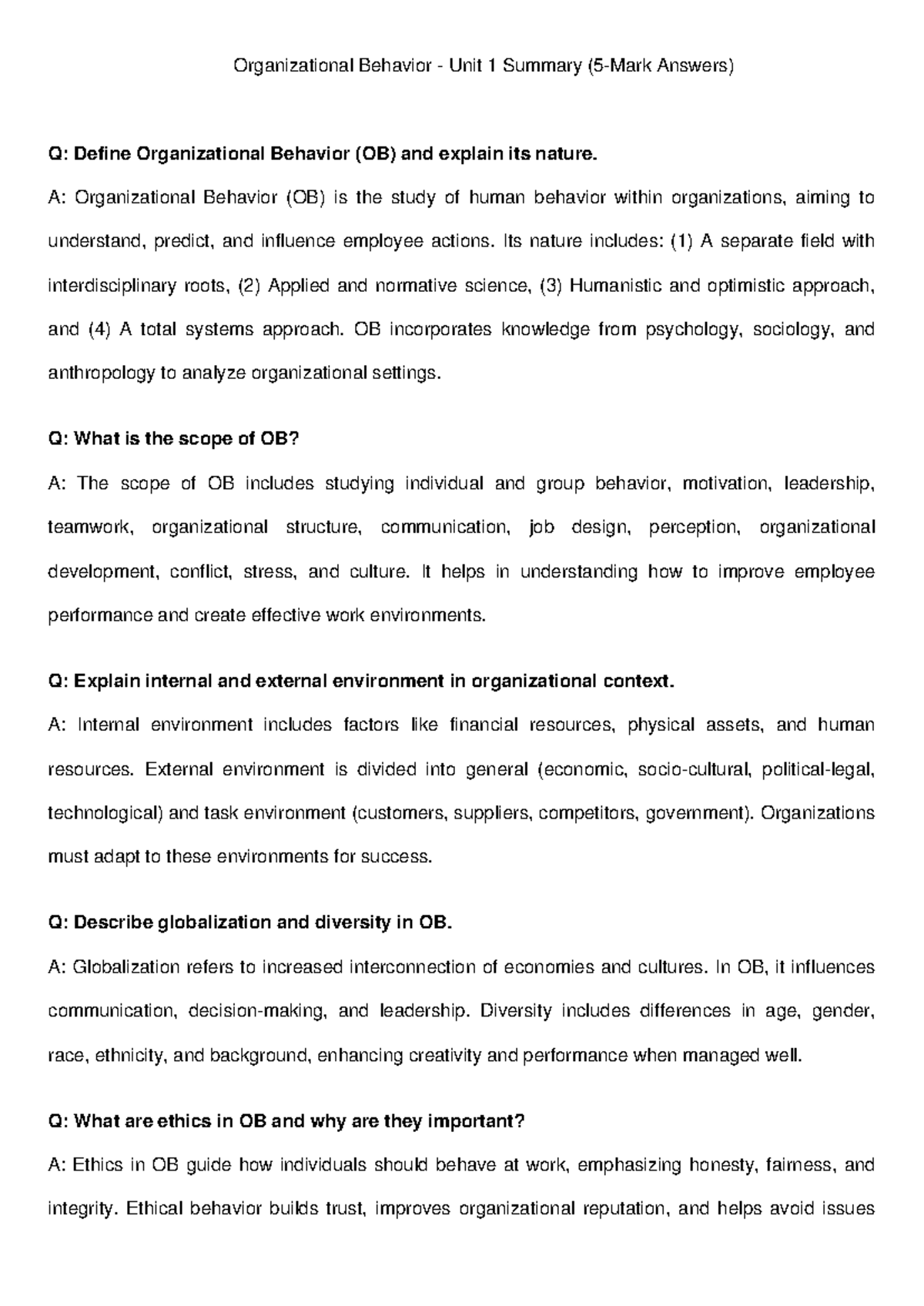 OB Unit 1 Summary: Key Concepts and Insights (5 Marks) - Studocu