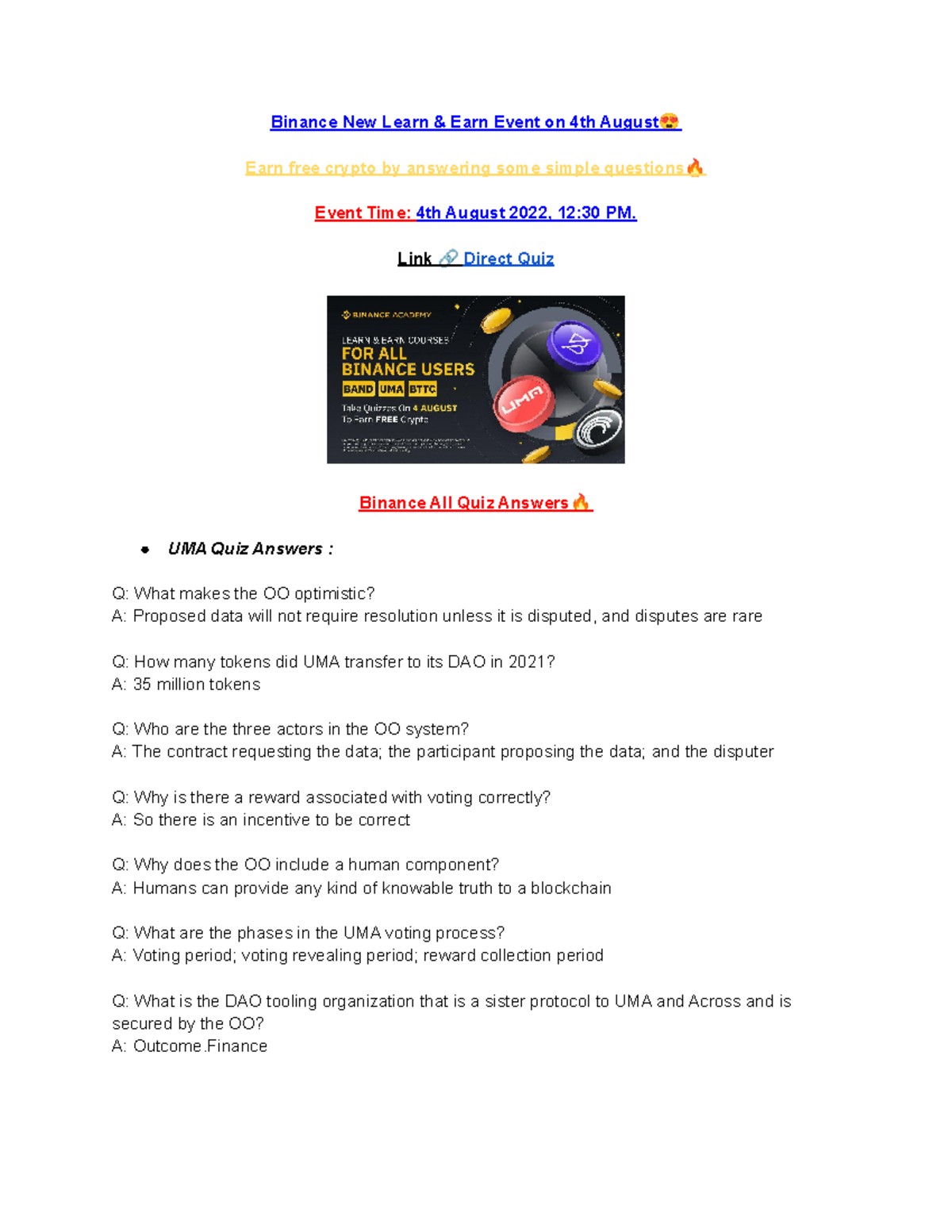 Binance Quiz Answers for Learn & Earn Event on Aug 4, 2022 - Studocu