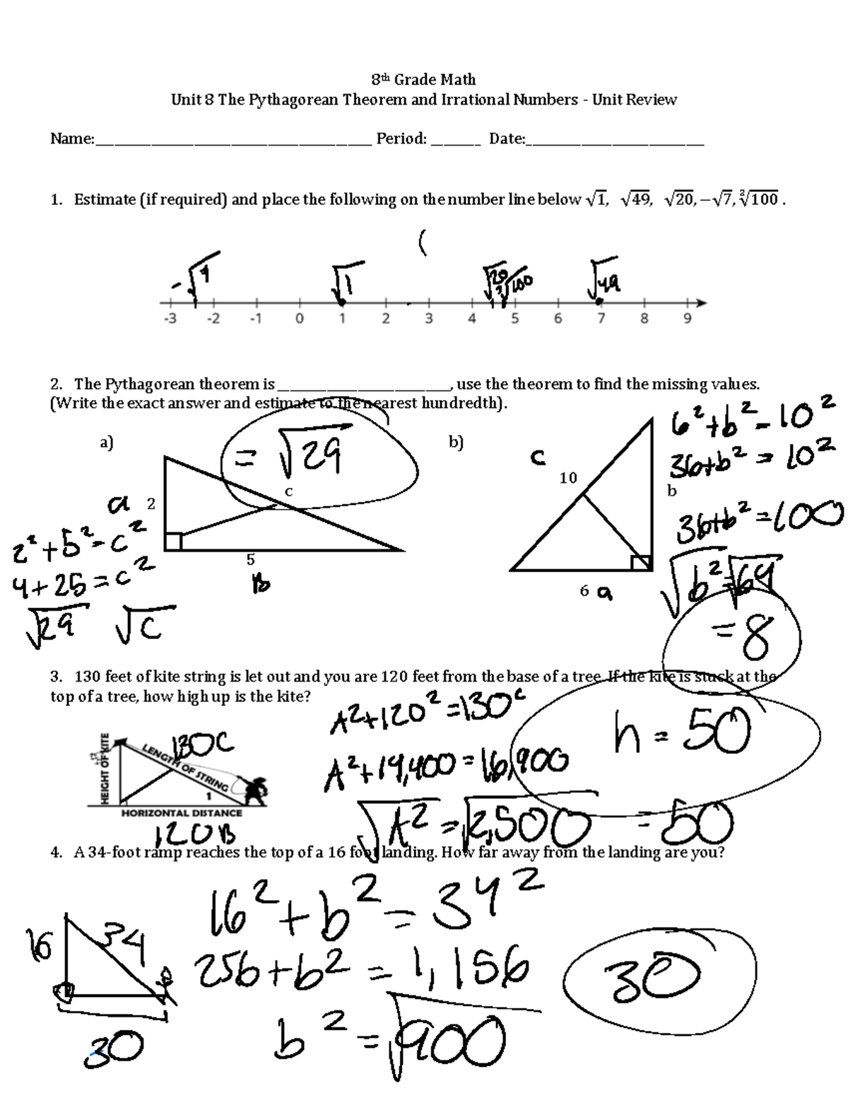 Unit 8 Review on Pythagorean Theorem - Math 8th Grade - Studocu