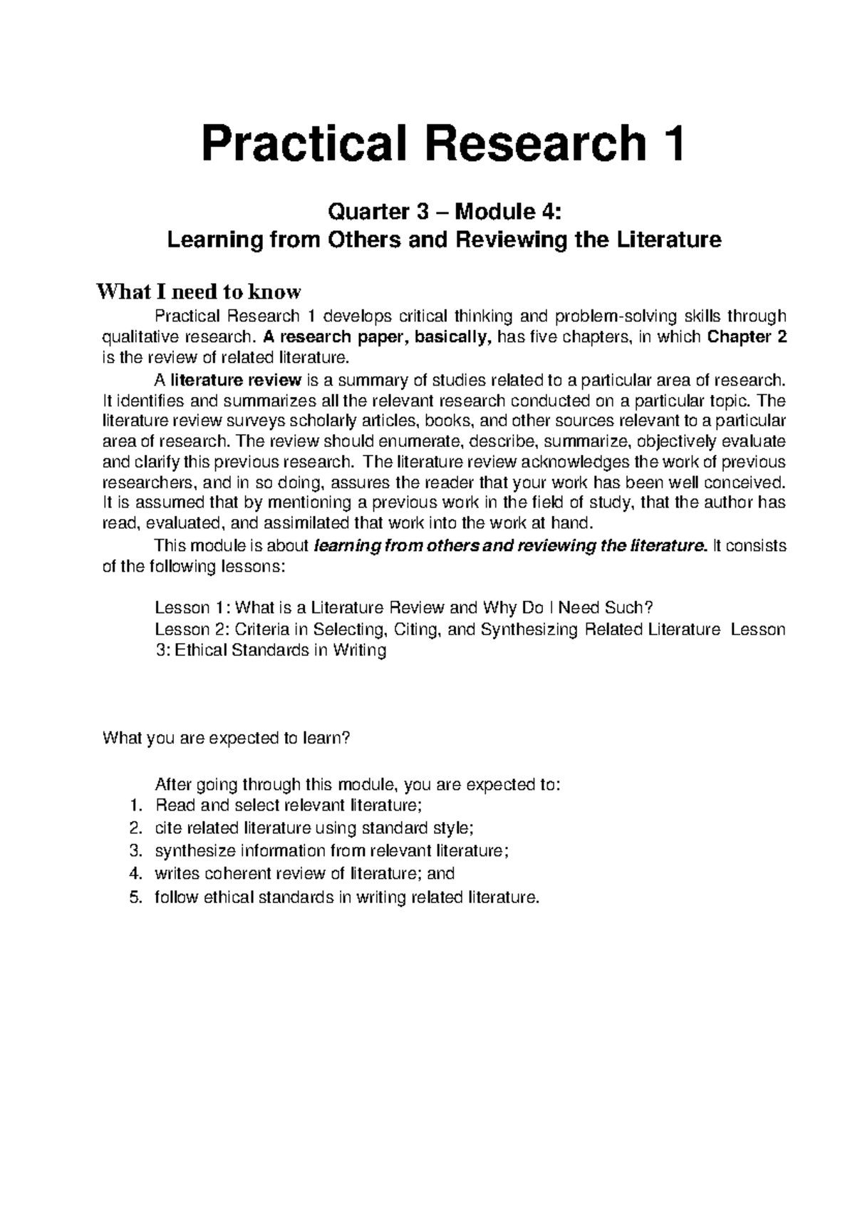 Practical Research 1: Learning & Reviewing Literature in Modules 1-4 ...