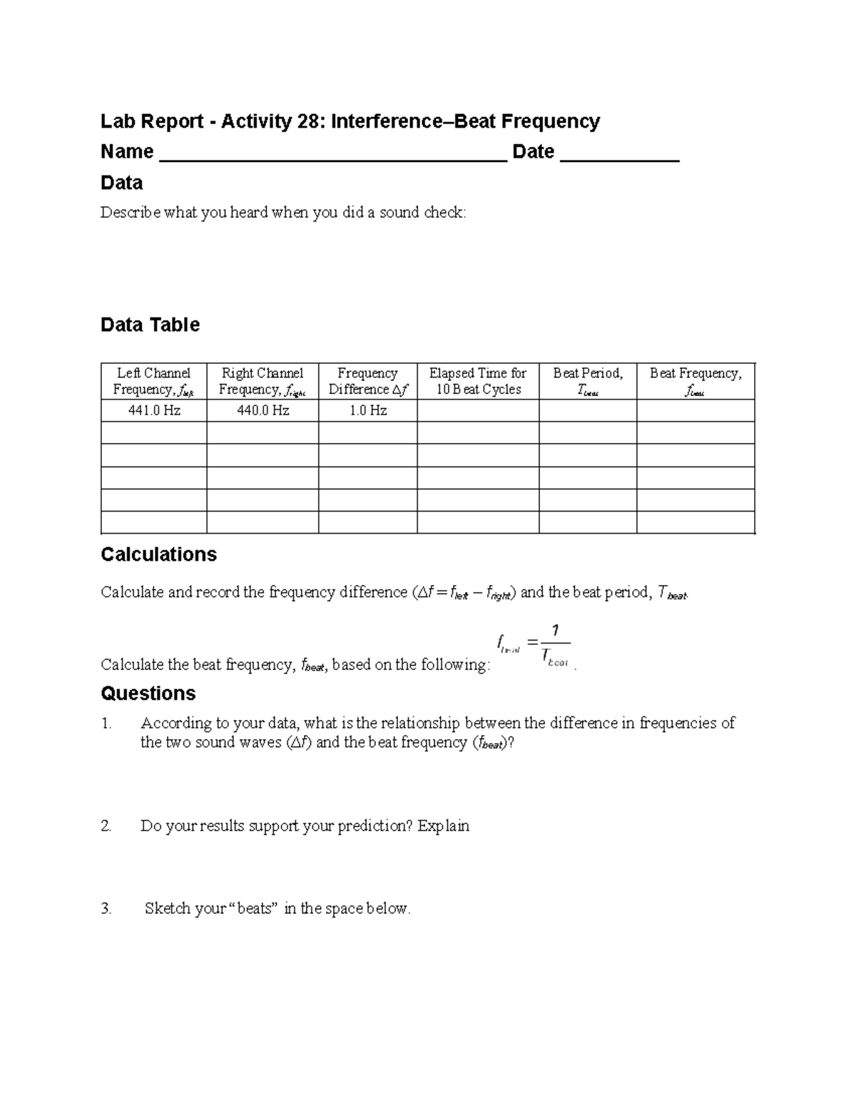 Lab Report: Activity 28 - Beats and Frequency Analysis - Studocu