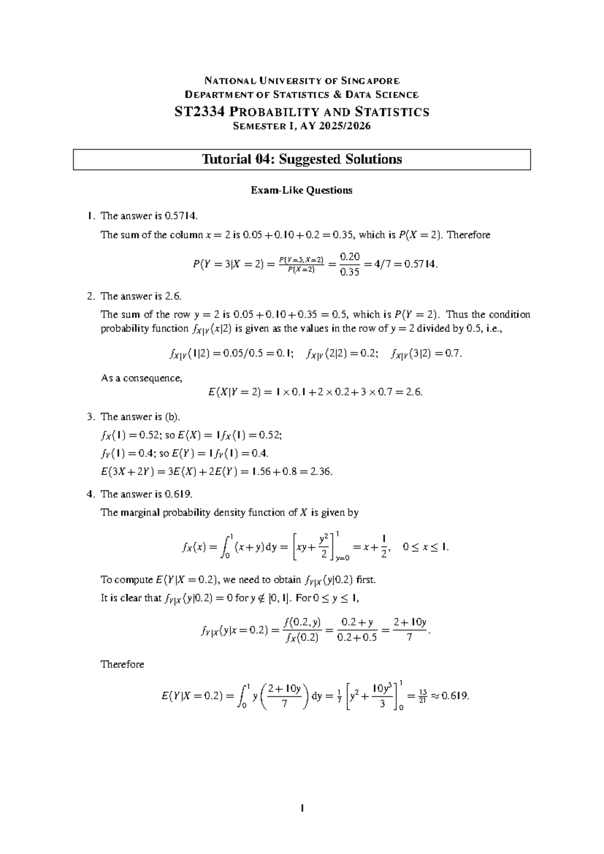 ST2334 Probability & Statistics Tutorial 04: Suggested Solutions - Studocu