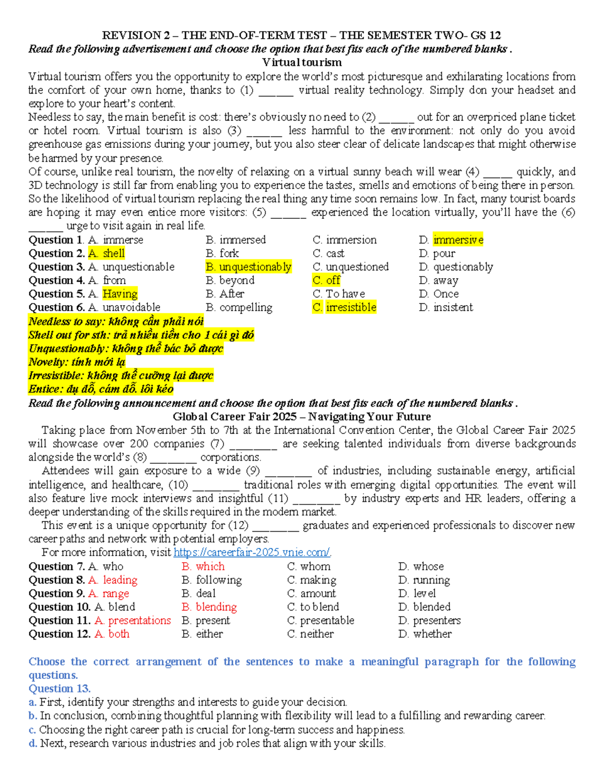GS 12 Semester Test Revision 2: Virtual Tourism & Career Fair Insights ...