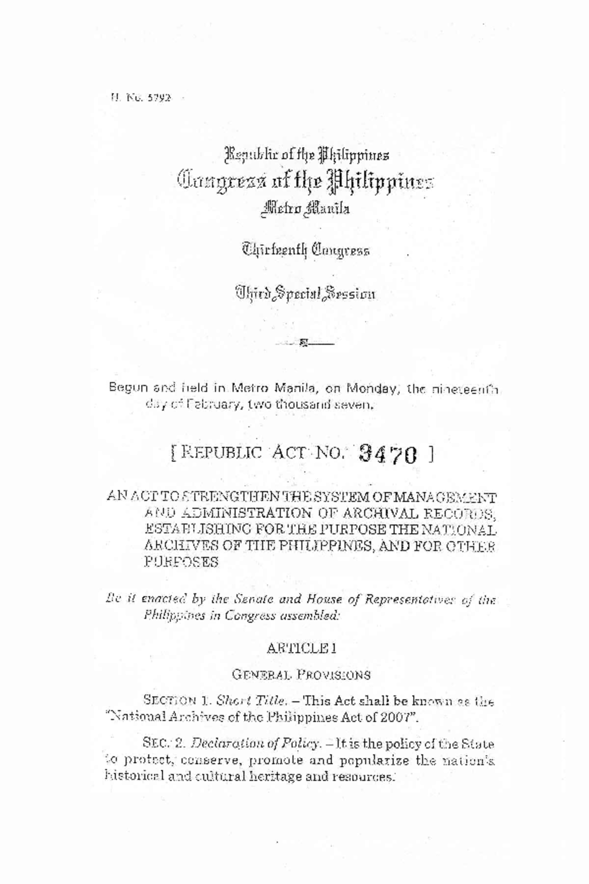 National Archives of the Philippines Act of 2007 (RA 9470) - Studocu