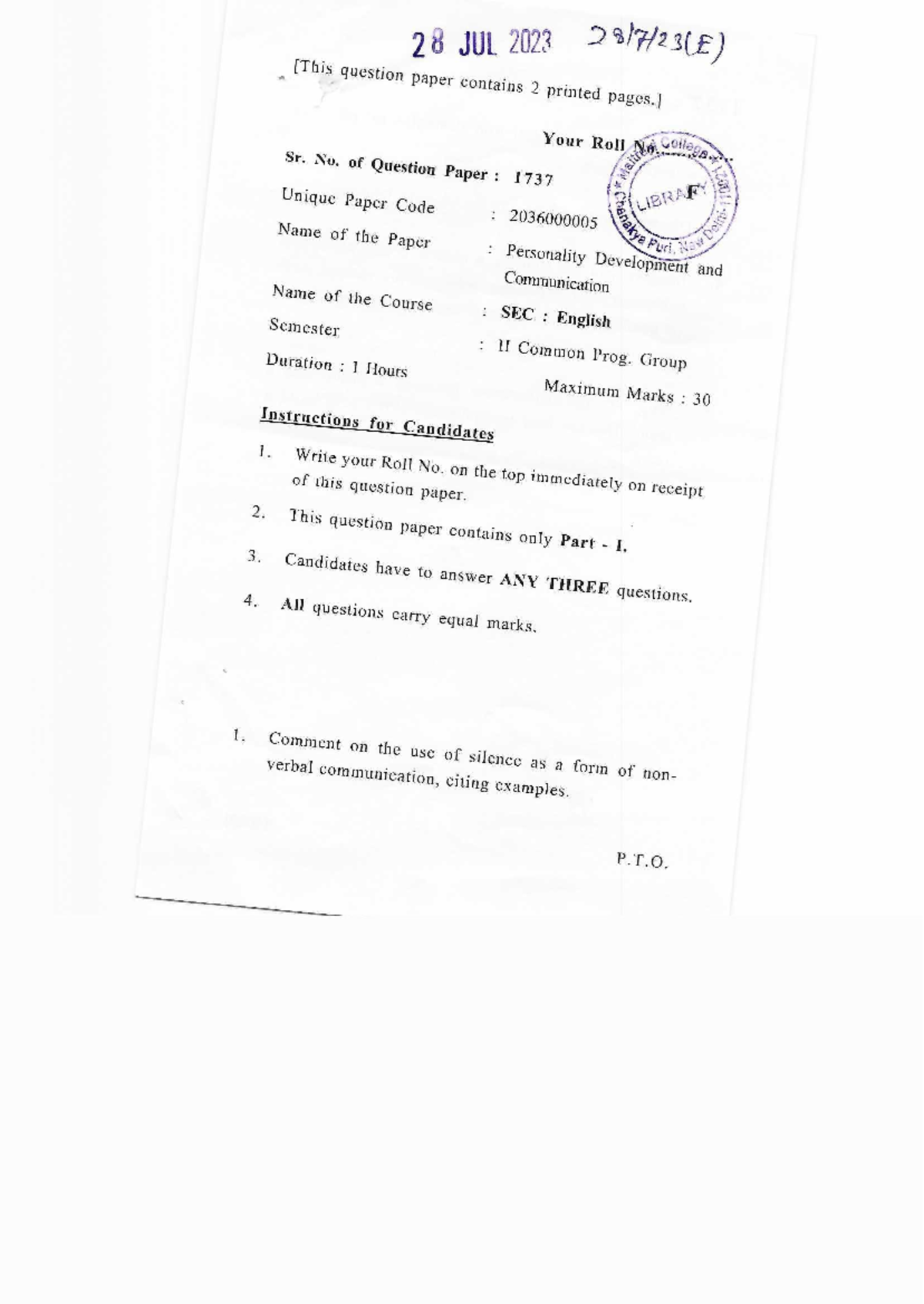 Personality Development & Communication - 28 JUL 2023 question paper ...