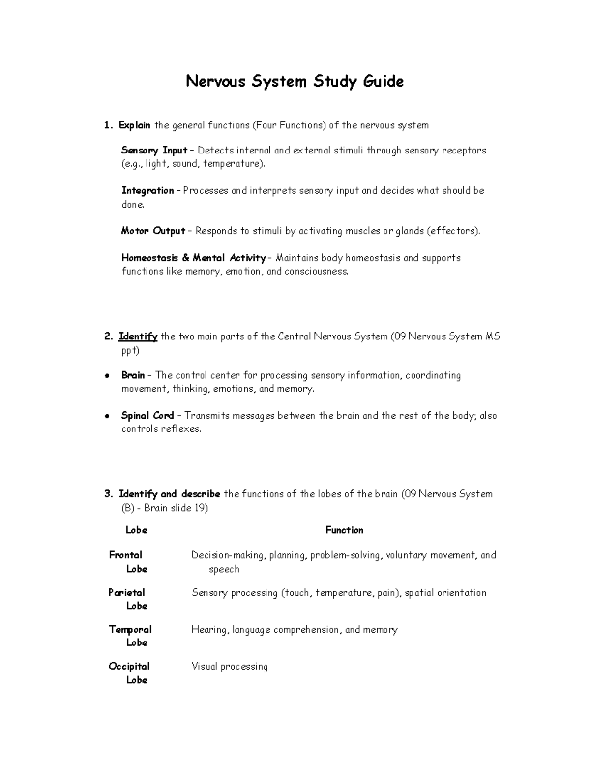 Nervous System Study Guide: Functions, Structure, and Protection (09 ...