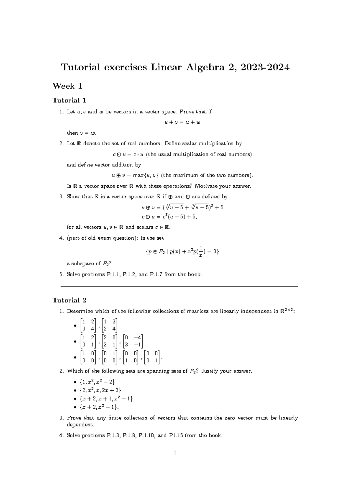 Exercises for LA2: Linear Algebra 2 Tutorial Problems - Studeersnel