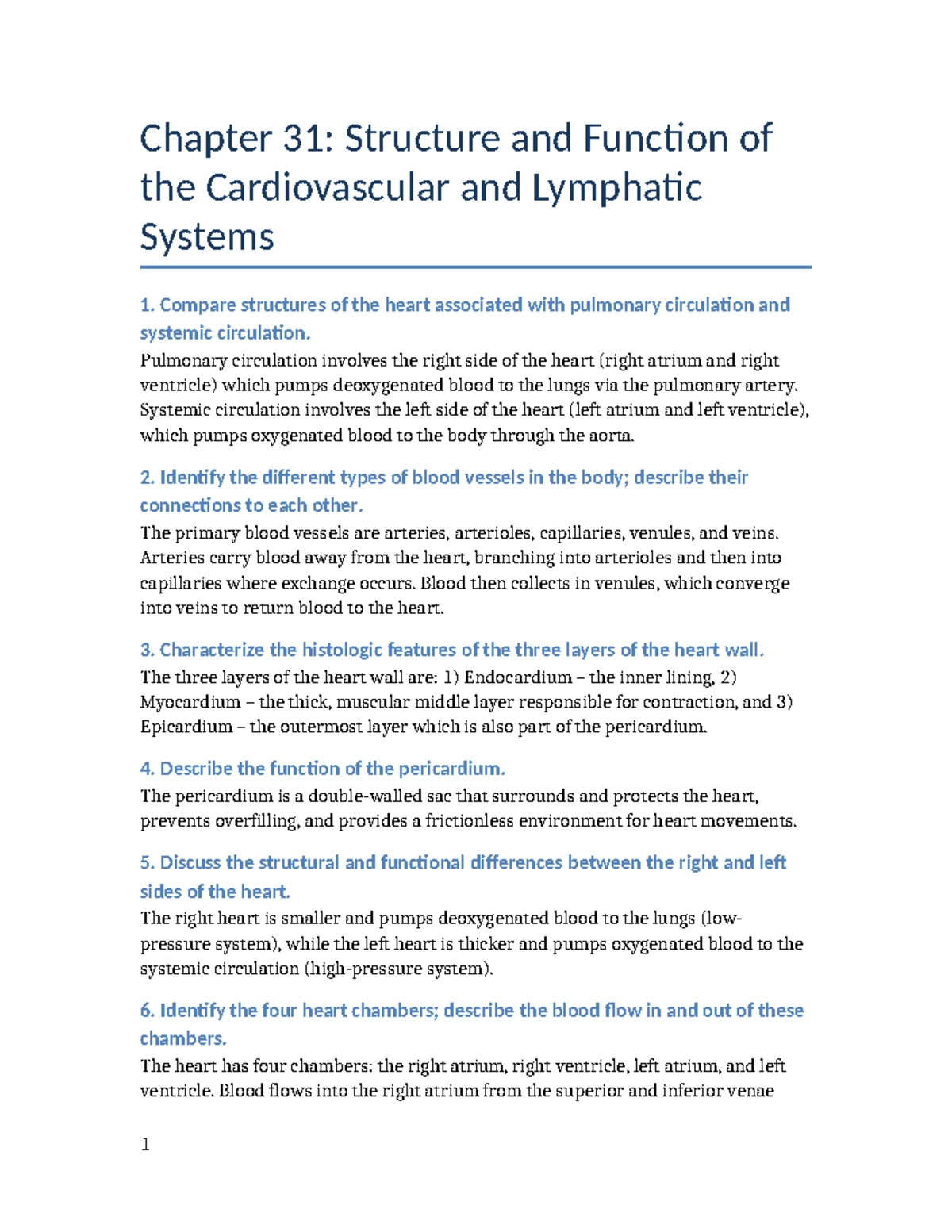 Chapter 31: Cardiovascular & Lymphatic Systems Overview and Functions ...