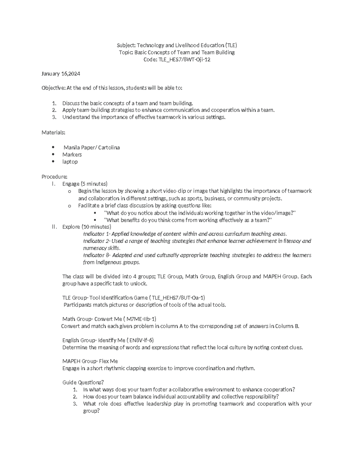 TLE 8: Basic Concepts of Team & Team Building - Lesson Plan (Jan 16 ...