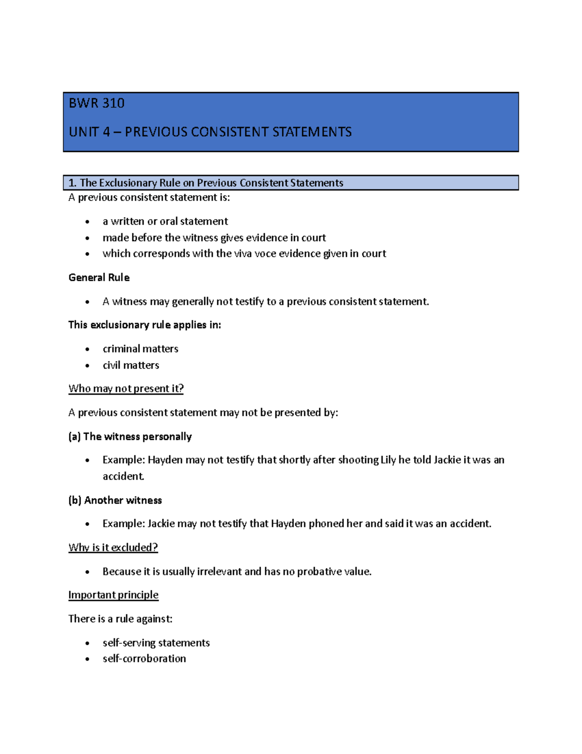 BWR 310 UNIT 4 PREVIOUS CONSISTENT STATEMENTS OVERVIEW - Studocu