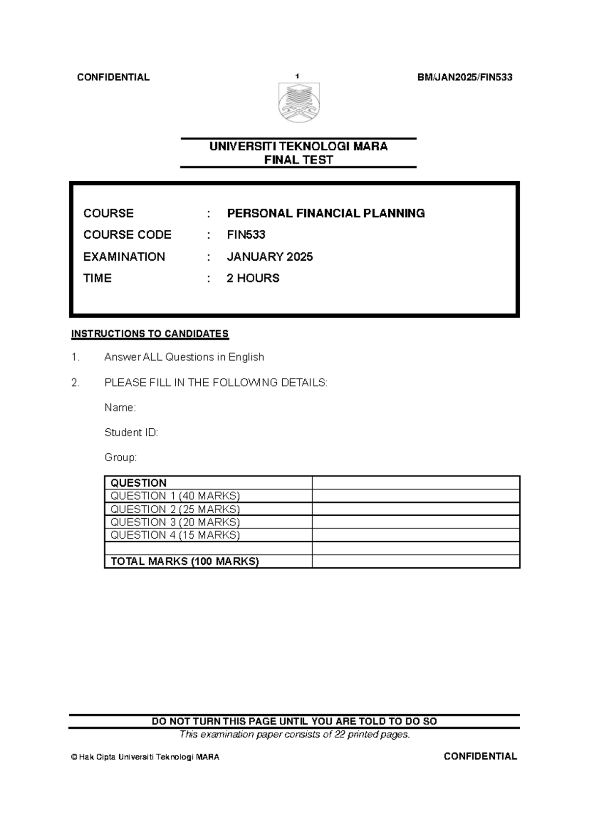 Final Test FIN533: Personal Financial Planning Exam January 2025 - Studocu