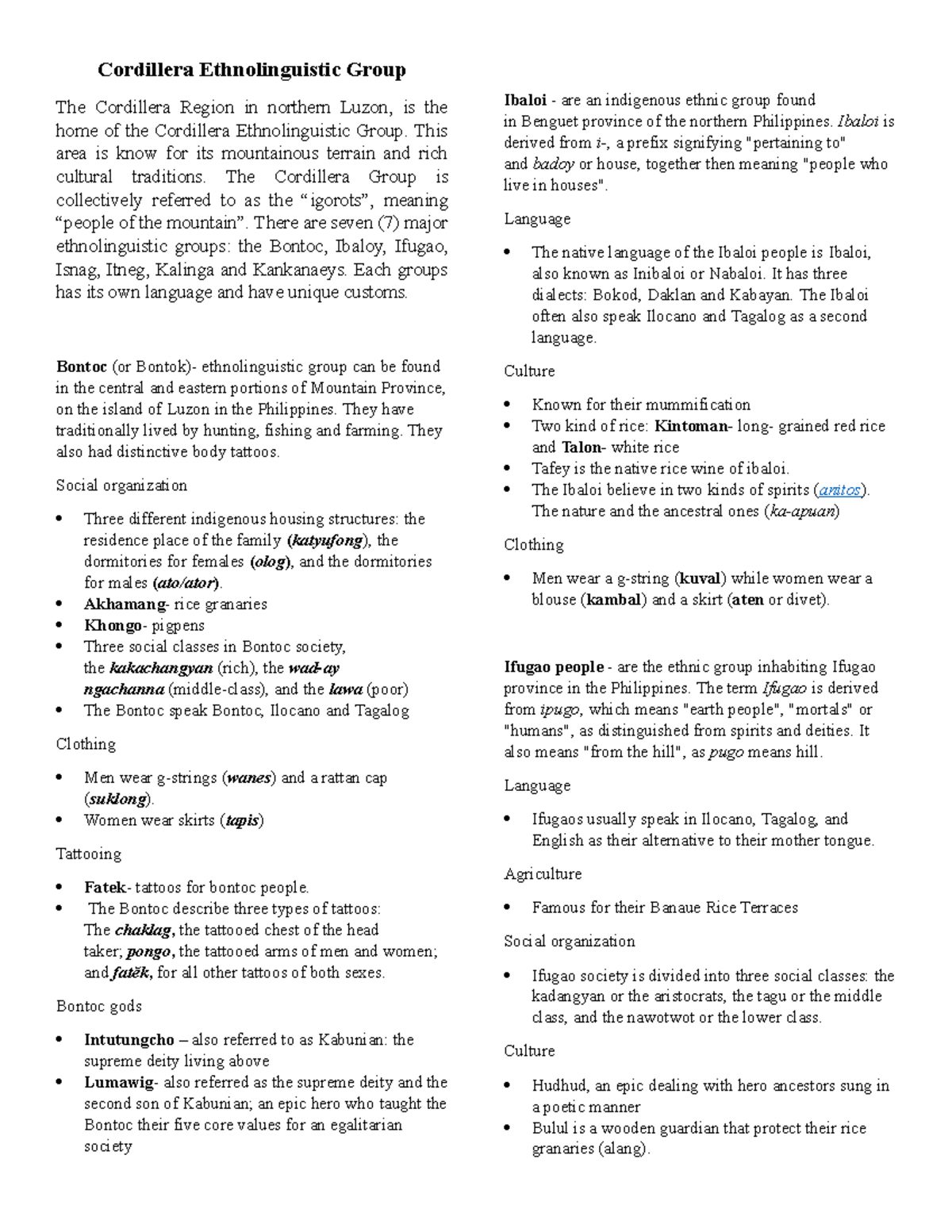Cordillera Ethnolinguistic Groups: Culture & Traditions Overview - Studocu