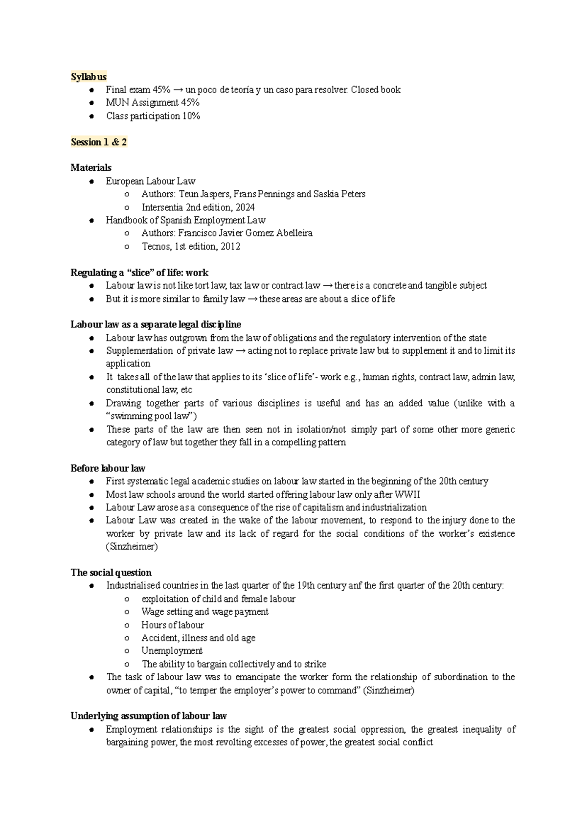 Labour Law 2: Final Exam Syllabus & Key Concepts Overview - Studocu