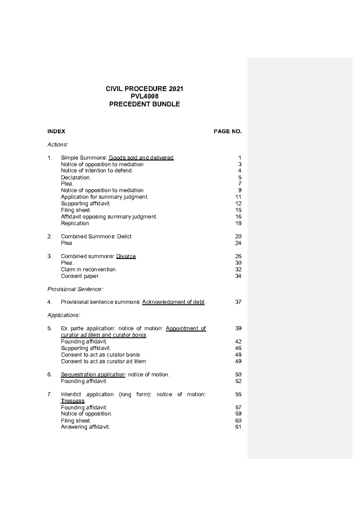 CIVIL PROCEDURE 2021 PVL4008 PRECEDENT BUNDLE INDEX AND ACTIONS - Studocu