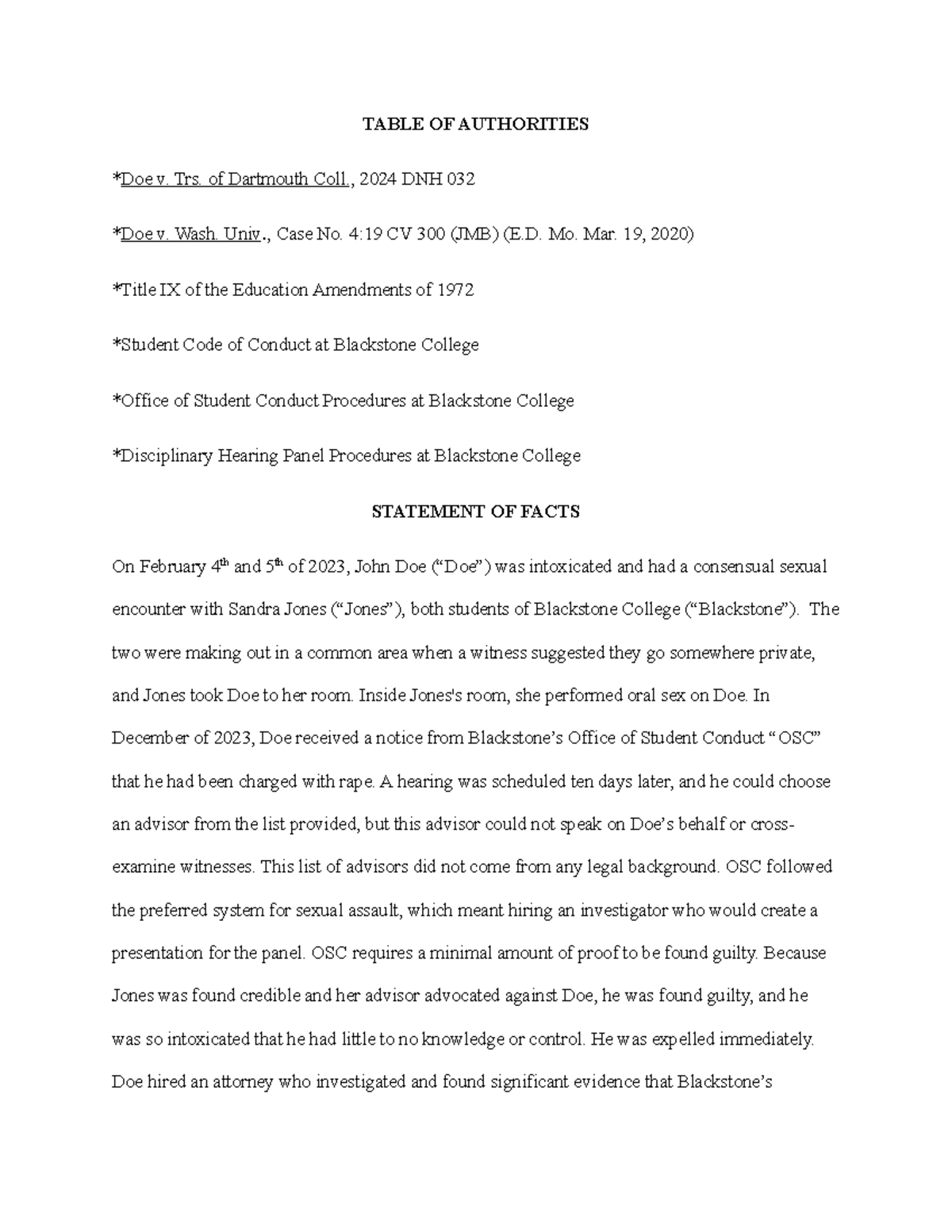 Module 4 Assignment Memorandum Table of Authorities, Statement of Facts ...