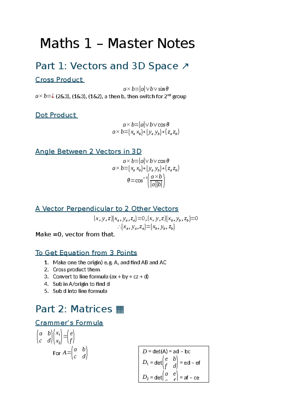Maths 1 - Master Notes: Vectors, Matrices & Functions Summary - Studocu