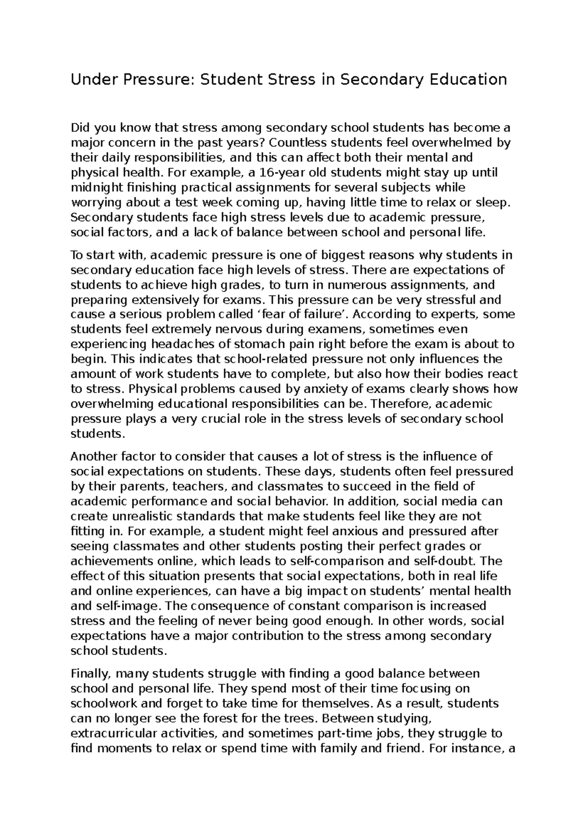 ENG 101: Student Stress in Secondary Education - Causes & Effects ...