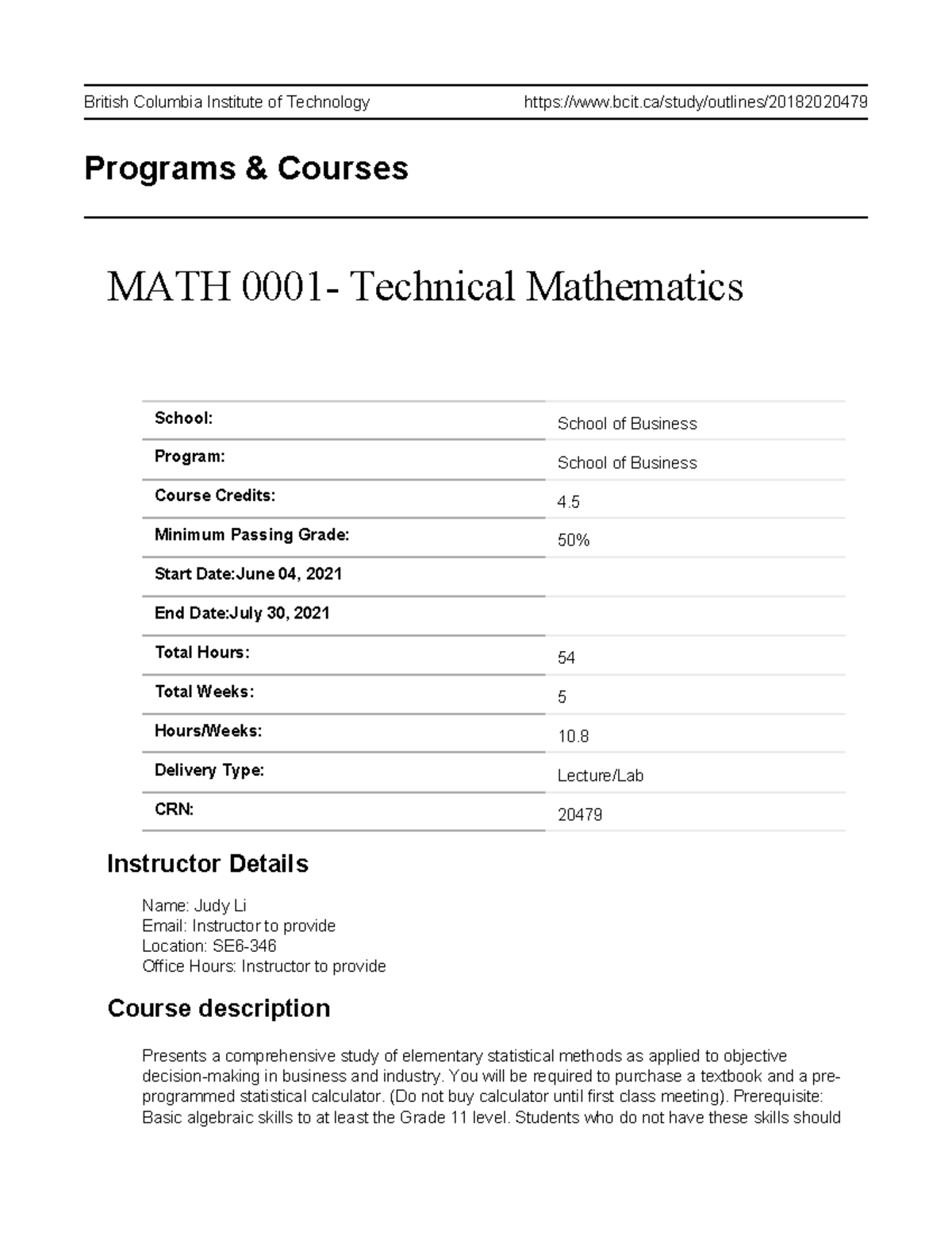 MATH 0001 Course Outline: Technical Mathematics Overview - Studocu