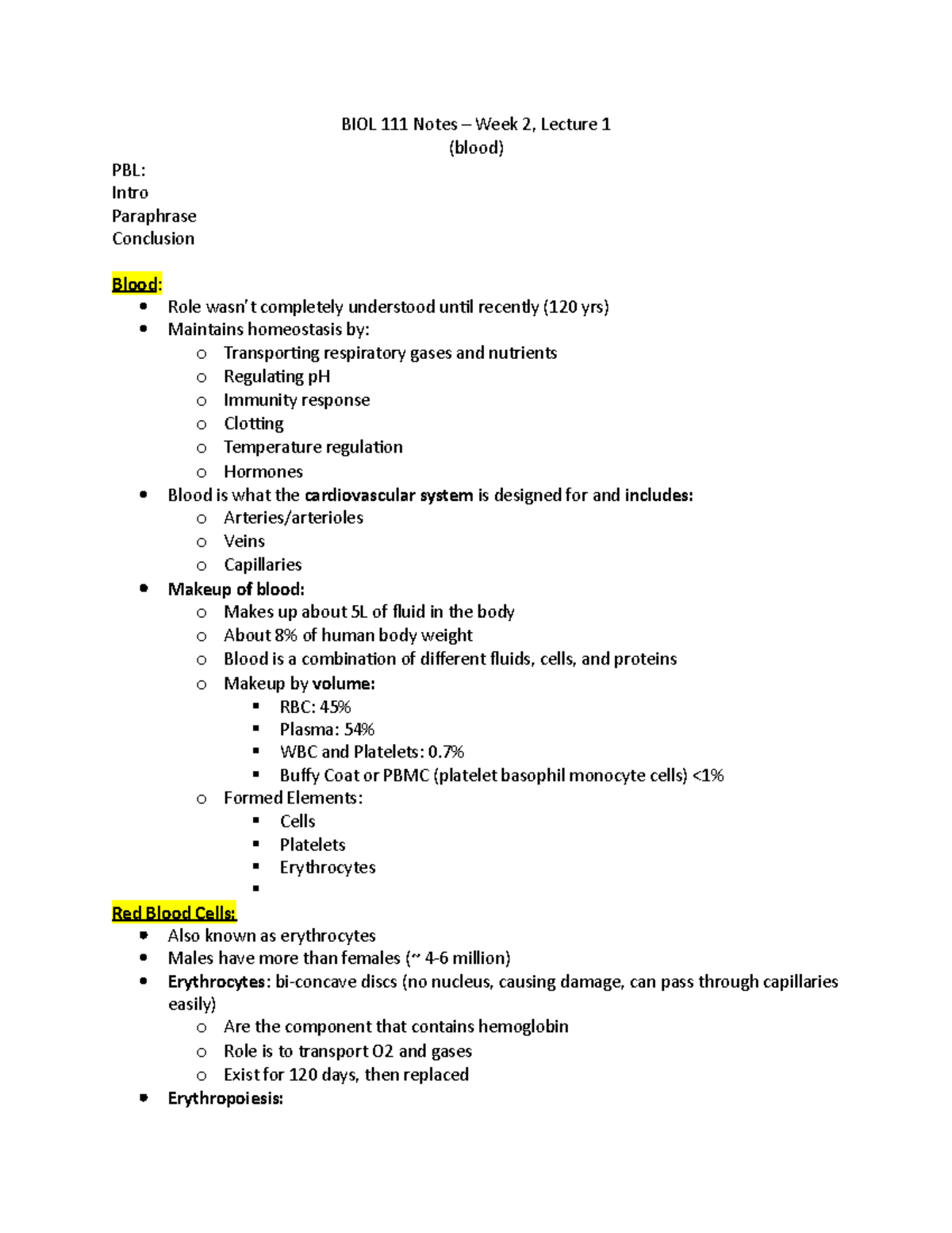 BIOL 111 Notes Lecture 1 - BIOL 111 Notes – Week 2, Lecture 1 (blood ...