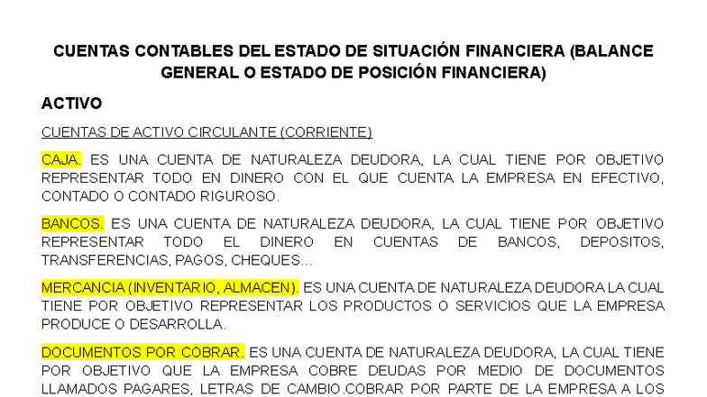 CUENTAS CONTABLES DEL ESTADO DE SITUACIÓN FINANCIERA (BALANCE GENERAL ...