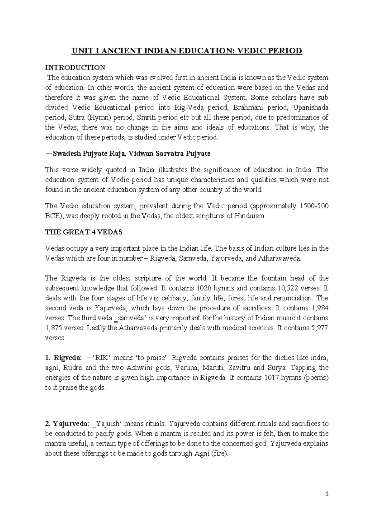 Unit I: Vedic Education in Ancient India - Overview and Insights - Studocu