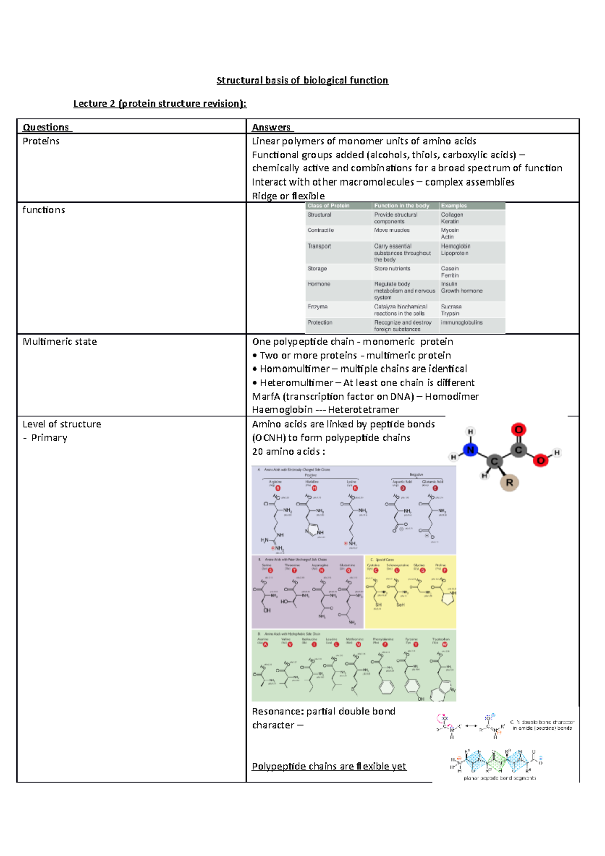 Revision - Lecture 2: Protein Structure Overview and Key Concepts - Studocu